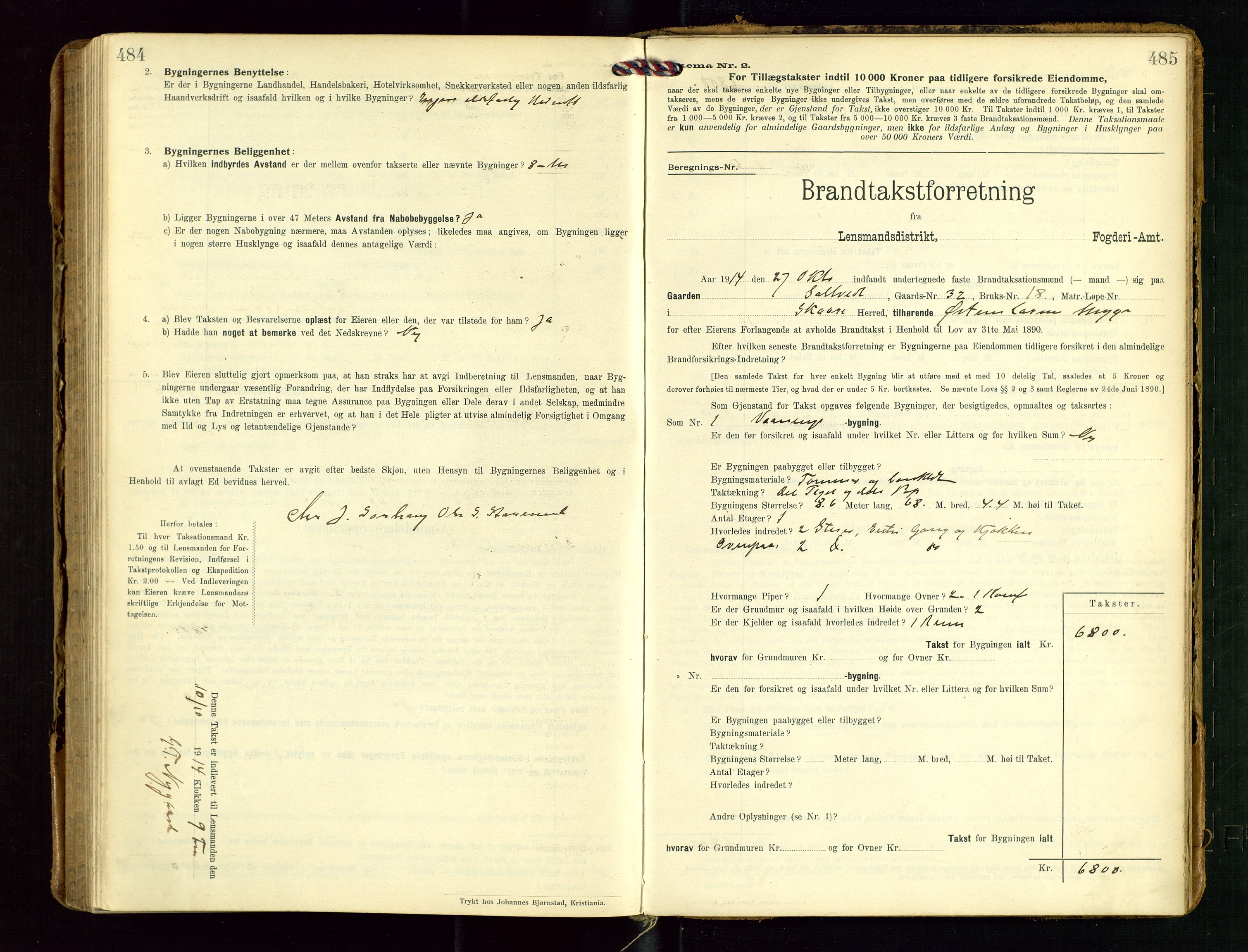 Torvestad lensmannskontor, SAST/A-100307/1/Gob/L0004: "Brandtaxationsprotokol for Torvestad Lensmannsdistrikt", 1909-1923, p. 484-485