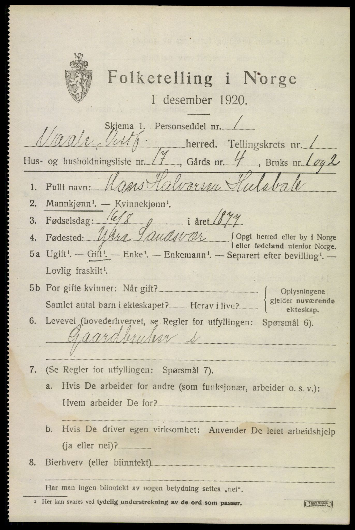 SAKO, 1920 census for Våle, 1920, p. 1264