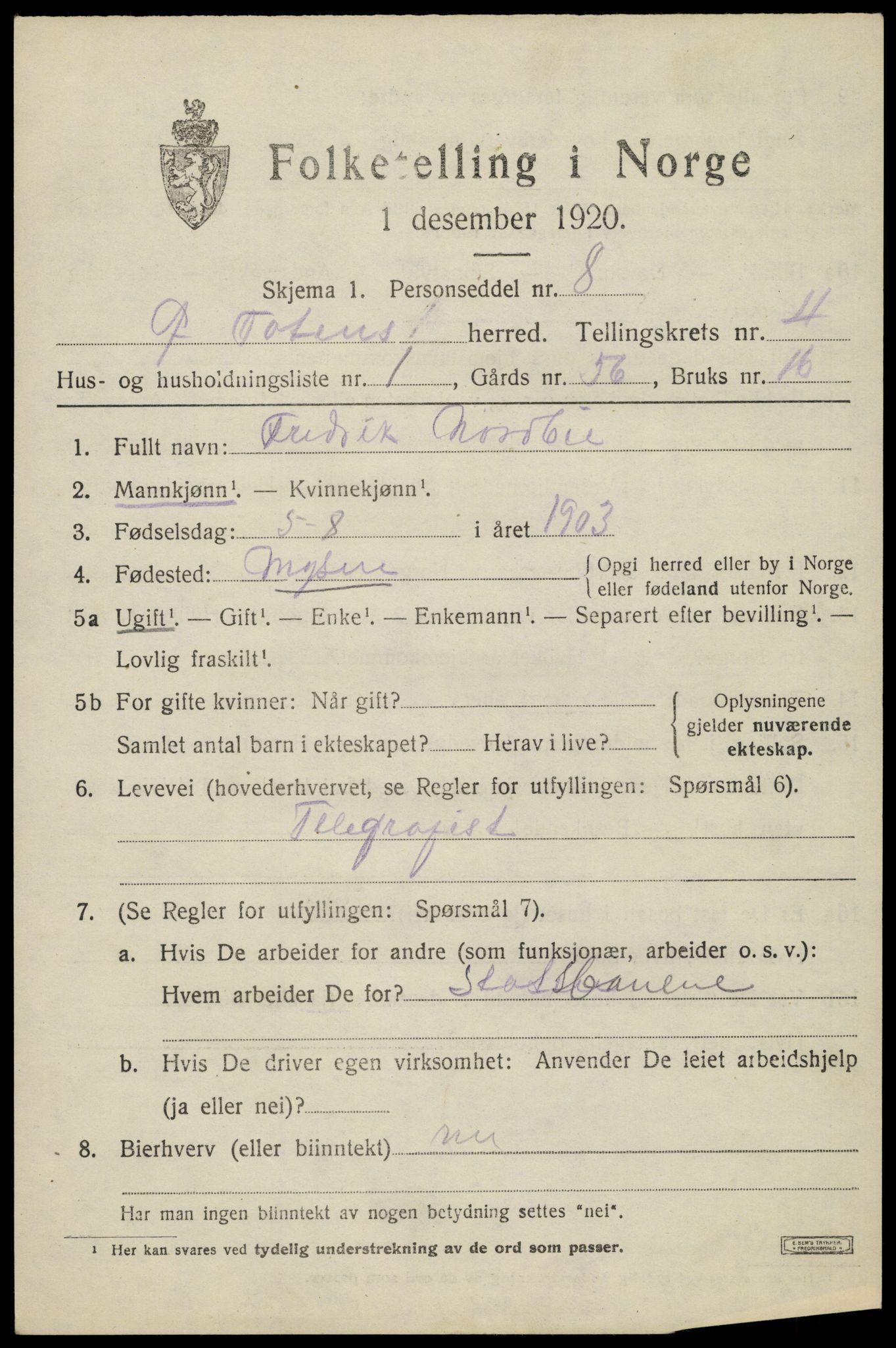 SAH, 1920 census for Østre Toten, 1920, p. 8582