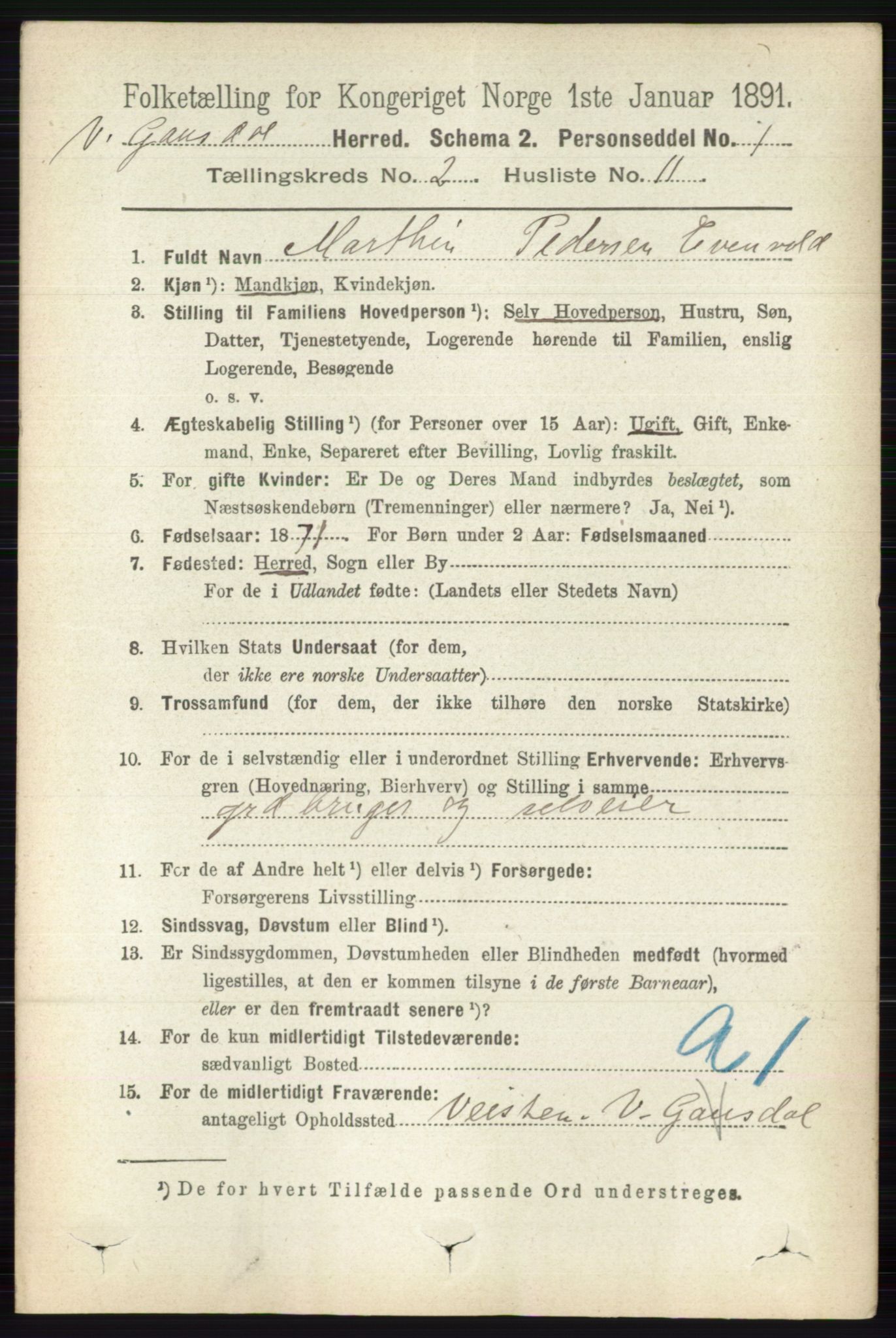 RA, 1891 census for 0523 Vestre Gausdal, 1891, p. 589