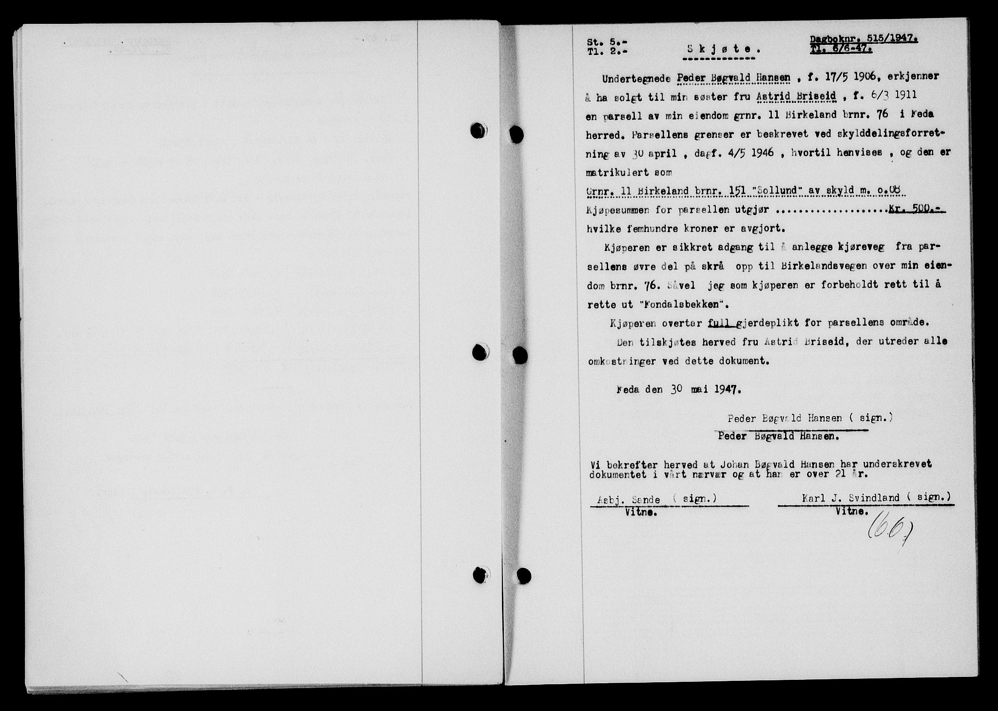 Flekkefjord sorenskriveri, SAK/1221-0001/G/Gb/Gba/L0062: Mortgage book no. A-10, 1947-1947, Diary no: : 515/1947