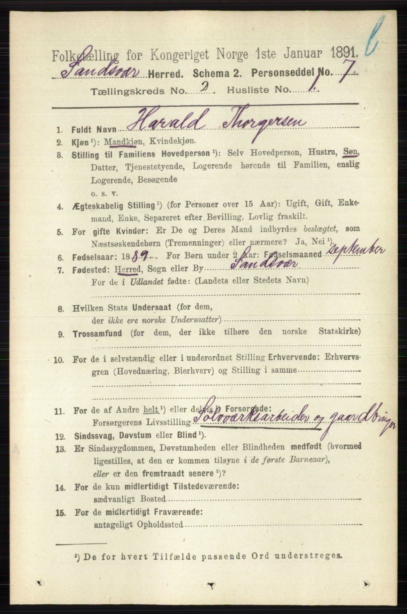 RA, 1891 census for 0629 Sandsvær, 1891, p. 5733