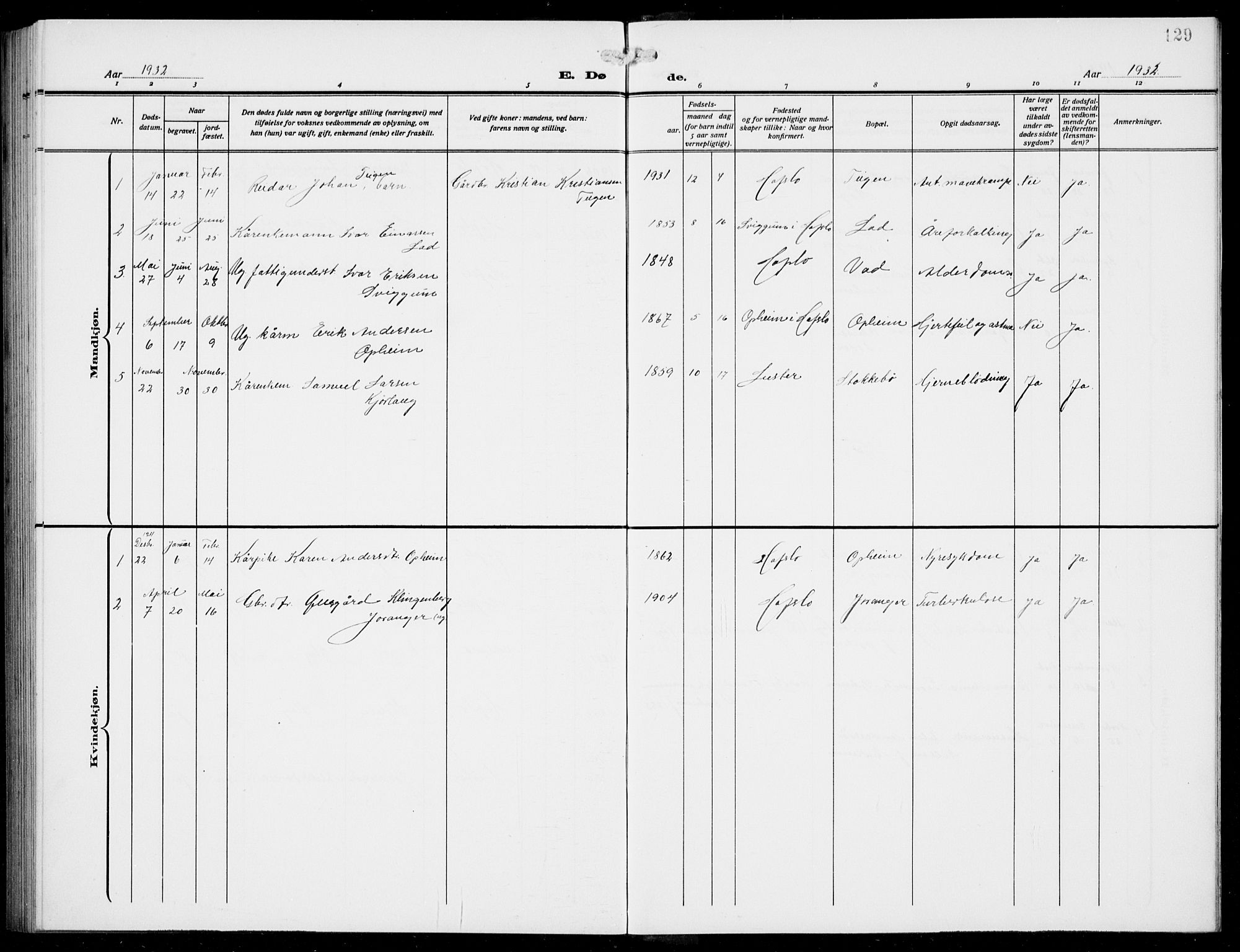 Jostedal sokneprestembete, AV/SAB-A-80601/H/Hab/Habd/L0002: Parish register (copy) no. D 2, 1910-1941, p. 129