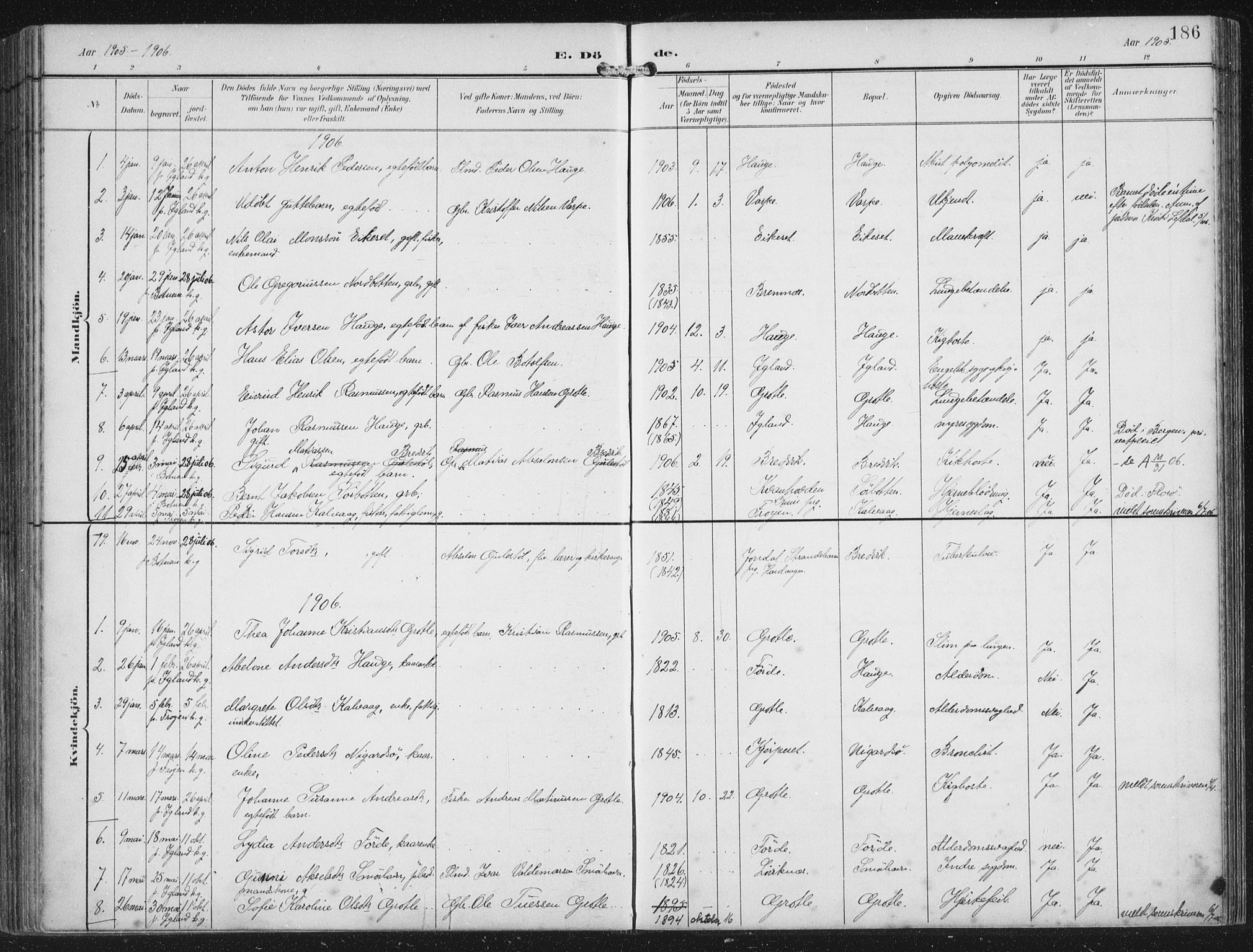 Bremanger sokneprestembete, SAB/A-82201/H/Haa/Haab/L0002: Parish register (official) no. B  2, 1896-1908, p. 186