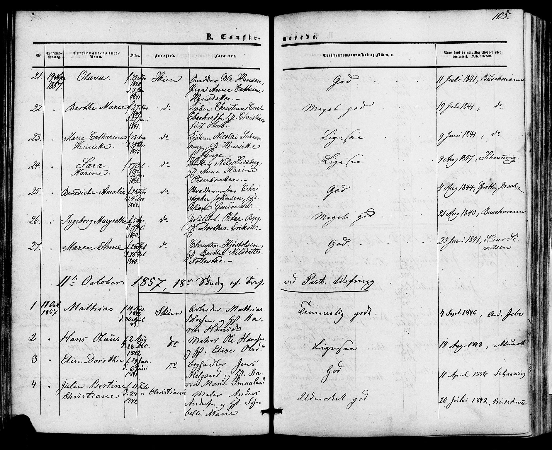 Skien kirkebøker, SAKO/A-302/F/Fa/L0007: Parish register (official) no. 7, 1856-1865, p. 105