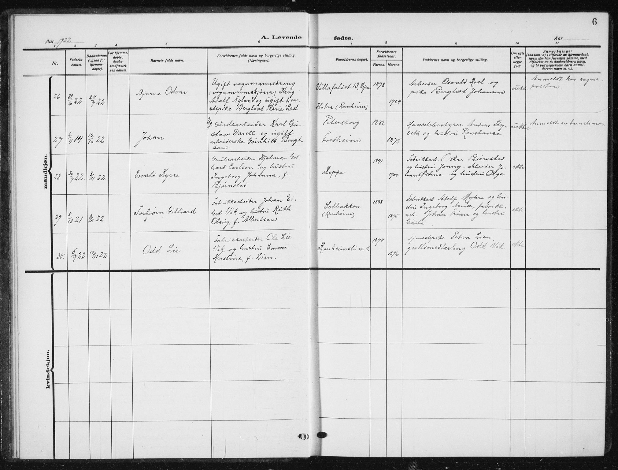 Ministerialprotokoller, klokkerbøker og fødselsregistre - Sør-Trøndelag, AV/SAT-A-1456/615/L0401: Parish register (copy) no. 615C02, 1922-1941, p. 6