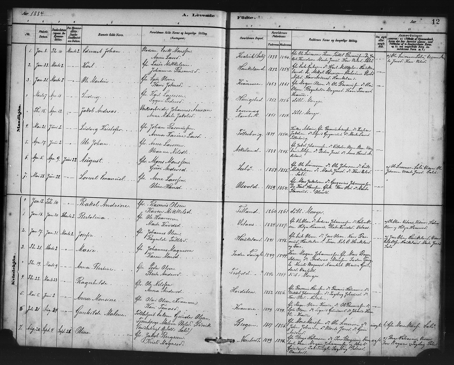 Manger sokneprestembete, AV/SAB-A-76801/H/Haa: Parish register (official) no. D 1, 1881-1892, p. 12