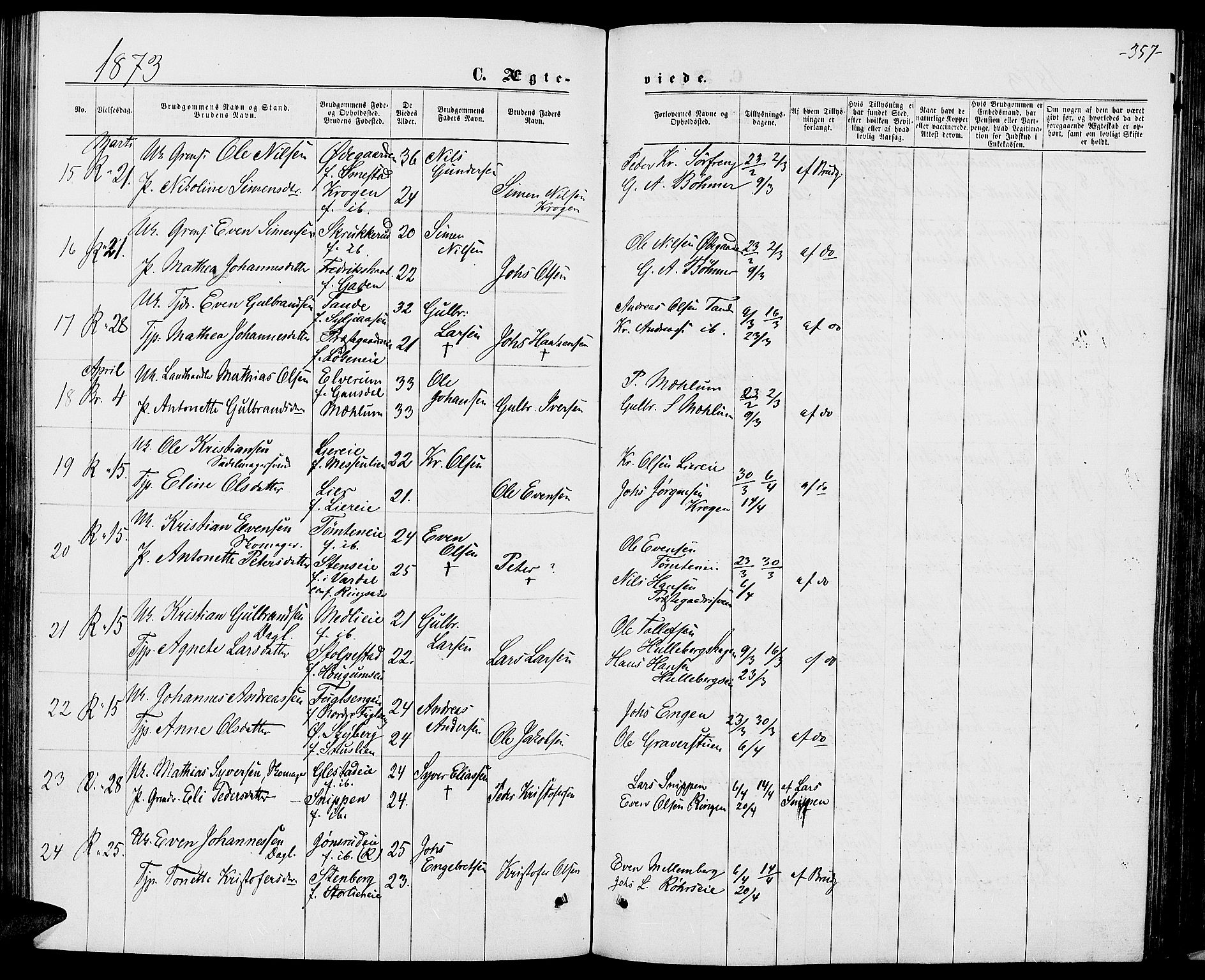 Ringsaker prestekontor, AV/SAH-PREST-014/L/La/L0008: Parish register (copy) no. 8, 1870-1878, p. 357