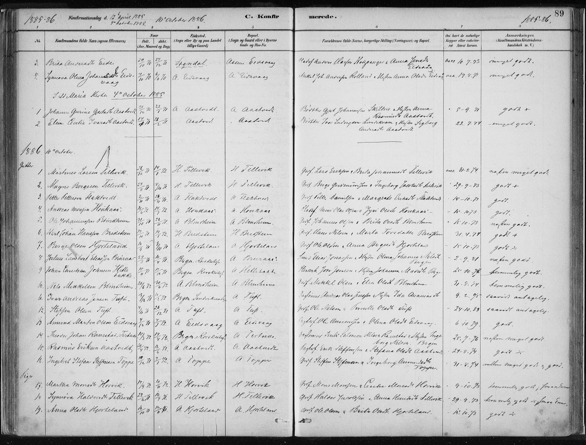 Hamre sokneprestembete, SAB/A-75501/H/Ha/Haa/Haad/L0001: Parish register (official) no. D  1, 1882-1906, p. 89