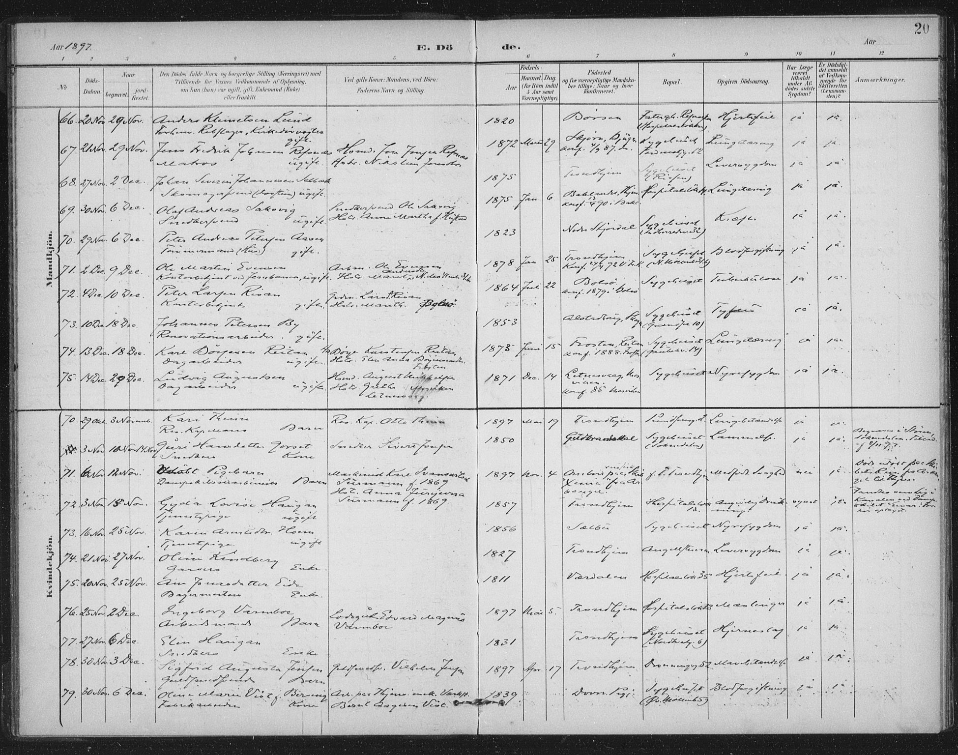 Ministerialprotokoller, klokkerbøker og fødselsregistre - Sør-Trøndelag, SAT/A-1456/602/L0123: Parish register (official) no. 602A21, 1895-1910, p. 20