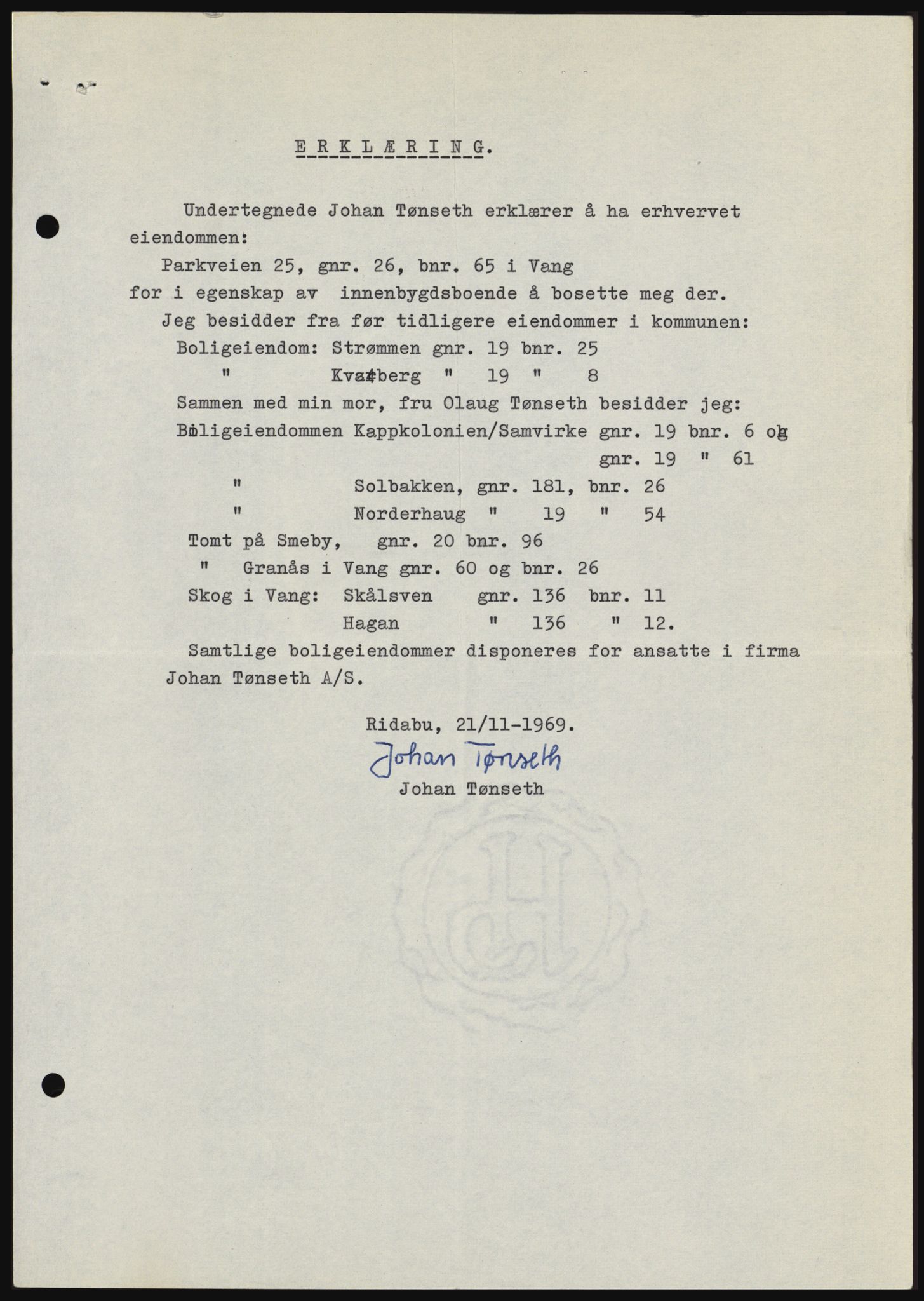 Nord-Hedmark sorenskriveri, AV/SAH-TING-012/H/Hc/L0033: Mortgage book no. 33, 1970-1970, Diary no: : 646/1970