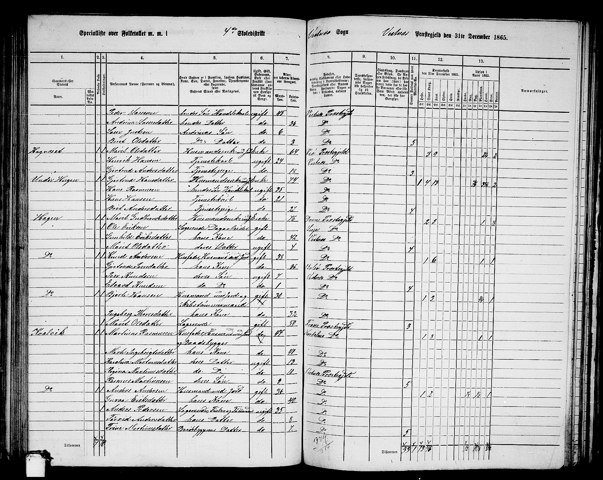 RA, 1865 census for Vestnes, 1865, p. 91