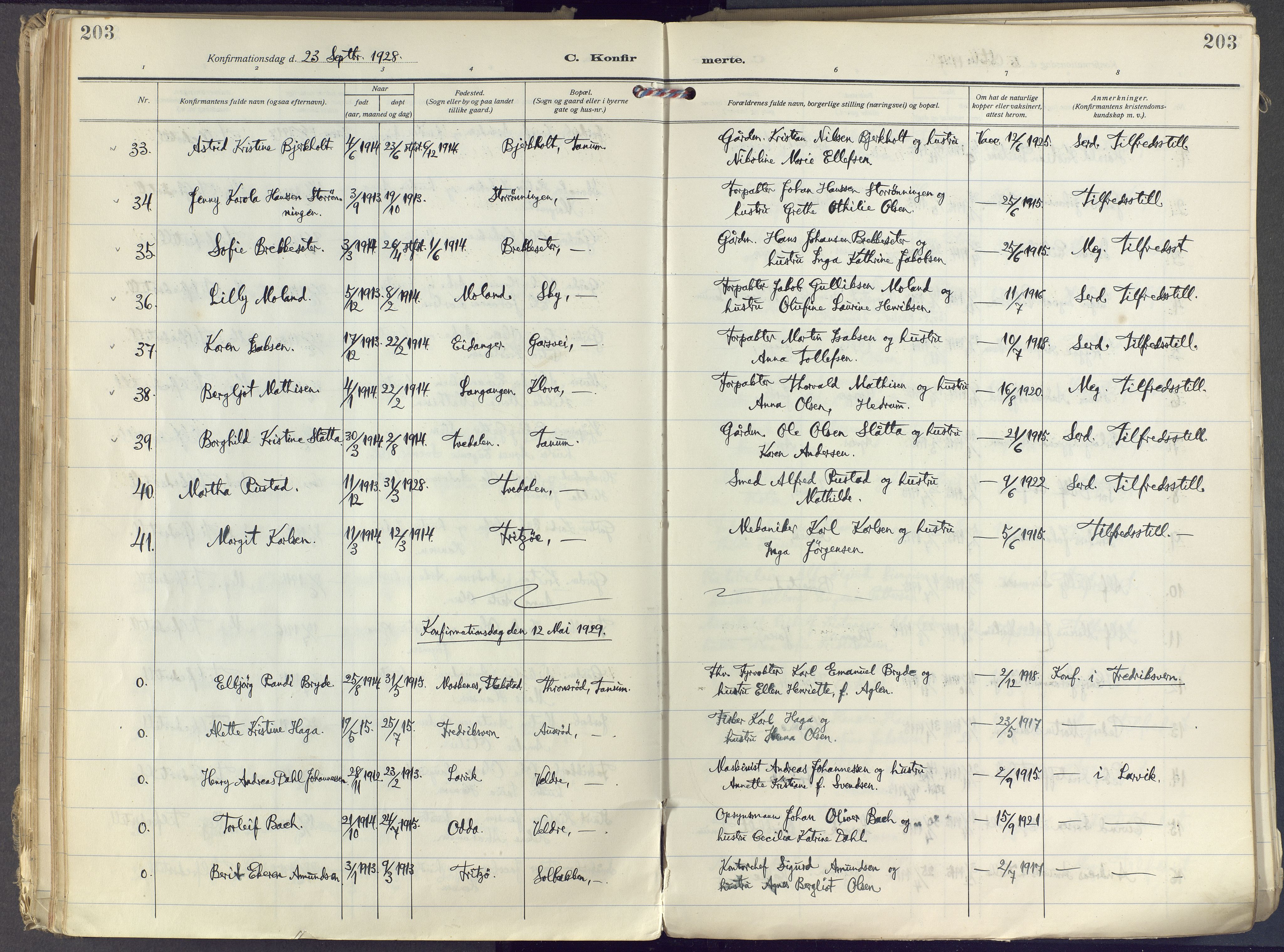 Brunlanes kirkebøker, SAKO/A-342/F/Fc/L0004: Parish register (official) no. III 4, 1923-1943, p. 203