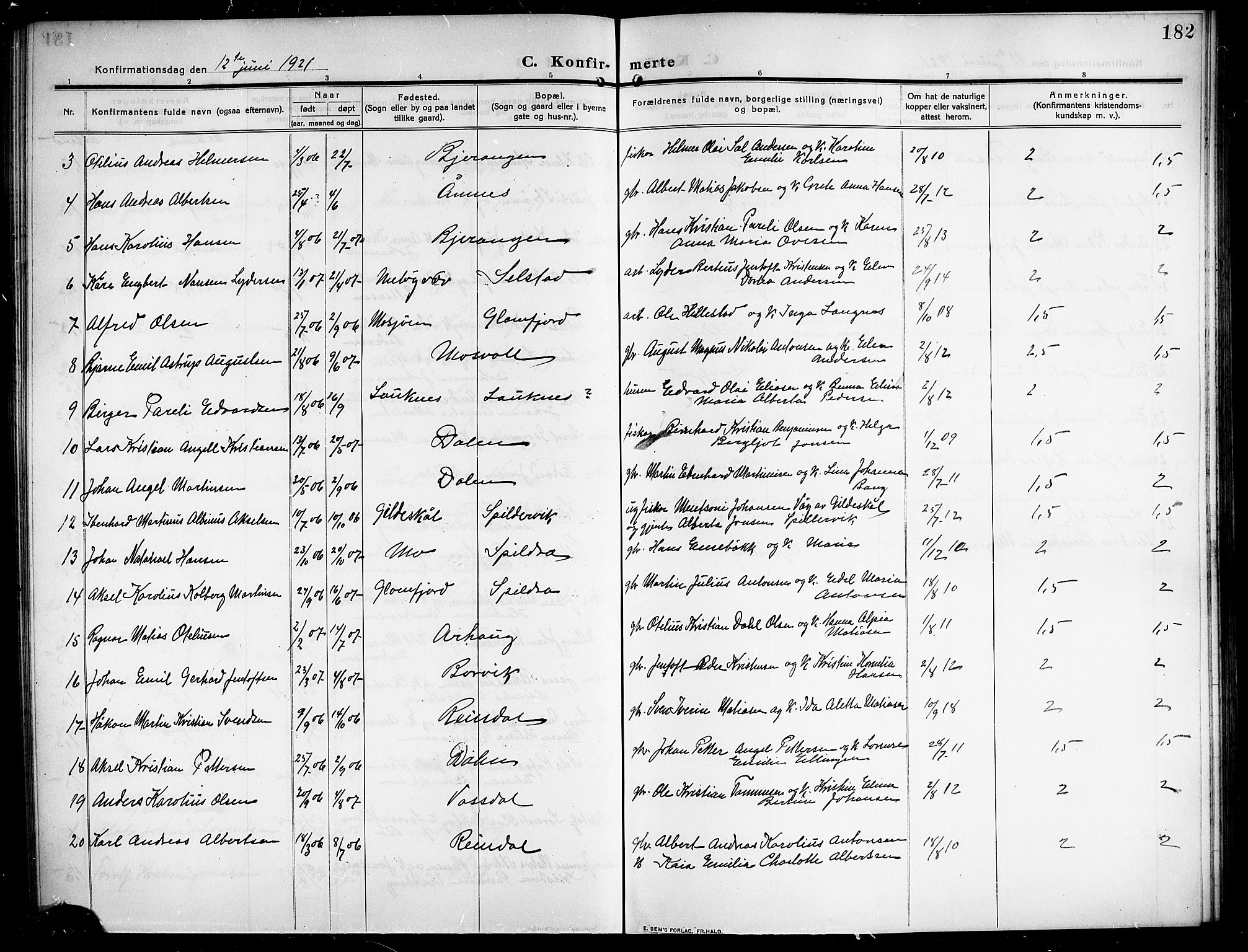 Ministerialprotokoller, klokkerbøker og fødselsregistre - Nordland, SAT/A-1459/843/L0639: Parish register (copy) no. 843C08, 1908-1924, p. 182