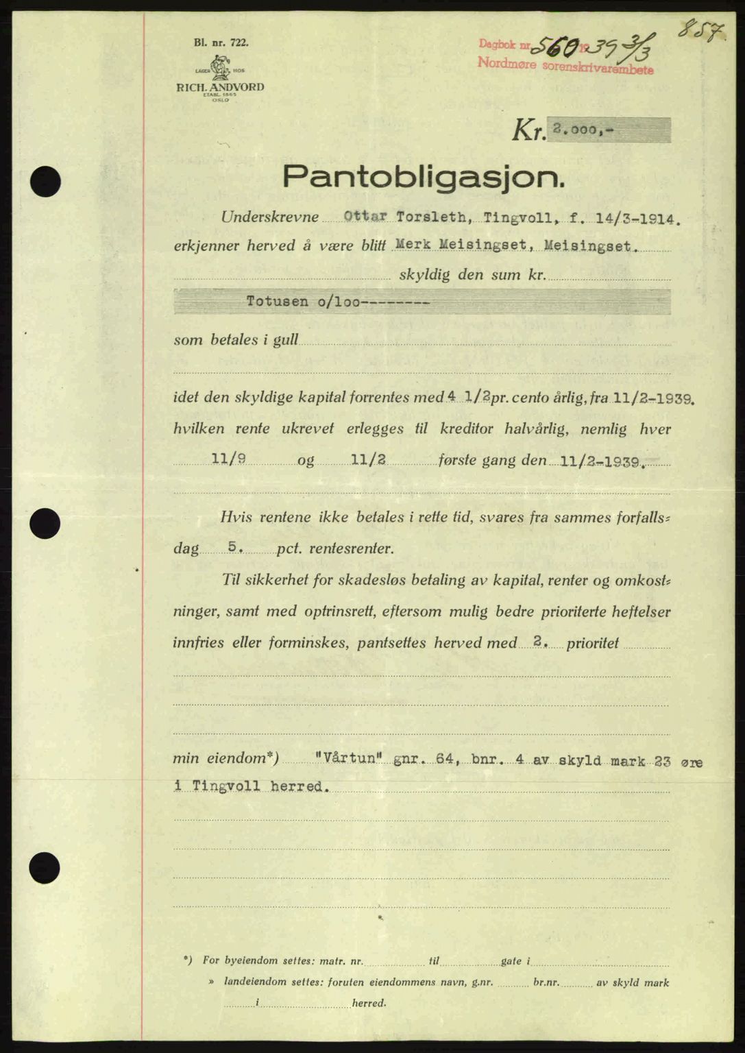 Nordmøre sorenskriveri, SAT/A-4132/1/2/2Ca: Mortgage book no. B84, 1938-1939, Diary no: : 560/1939