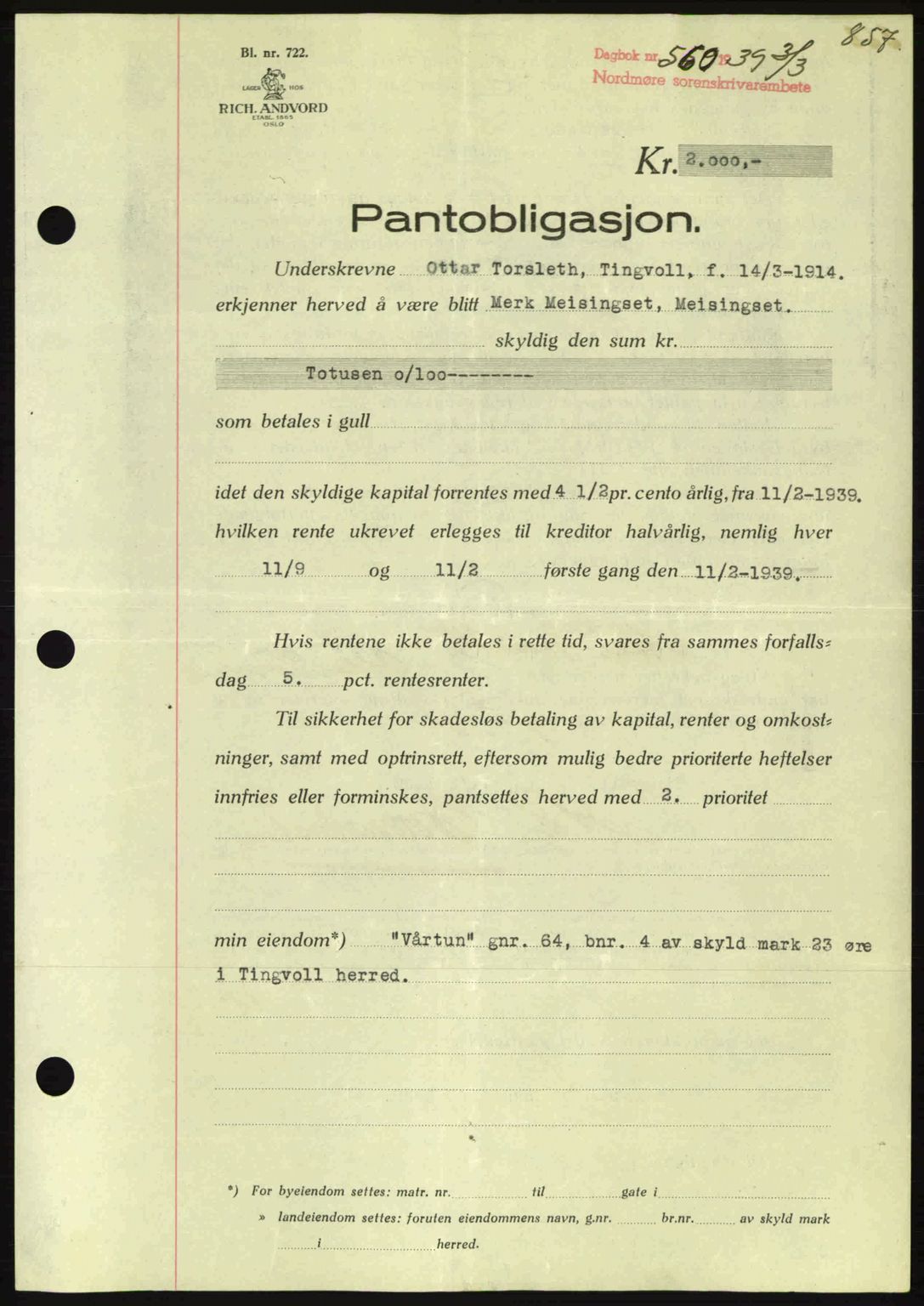 Nordmøre sorenskriveri, AV/SAT-A-4132/1/2/2Ca: Mortgage book no. B84, 1938-1939, Diary no: : 560/1939