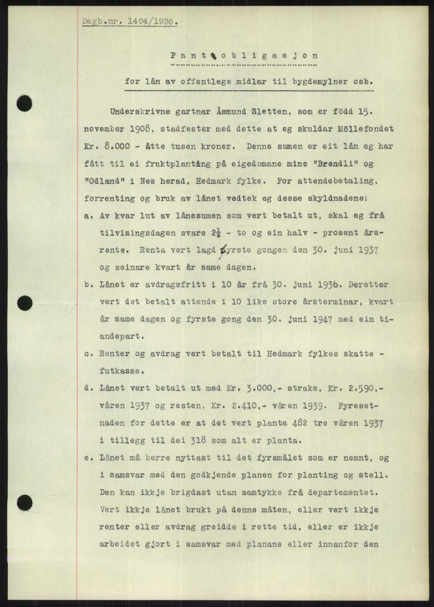 Nord-Hedmark sorenskriveri, SAH/TING-012/H/Hb/Hbf/L0001: Mortgage book no. B1, 1936-1936, Diary no: : 1404/1936