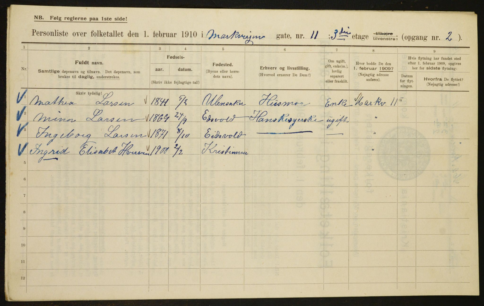 OBA, Municipal Census 1910 for Kristiania, 1910, p. 61156