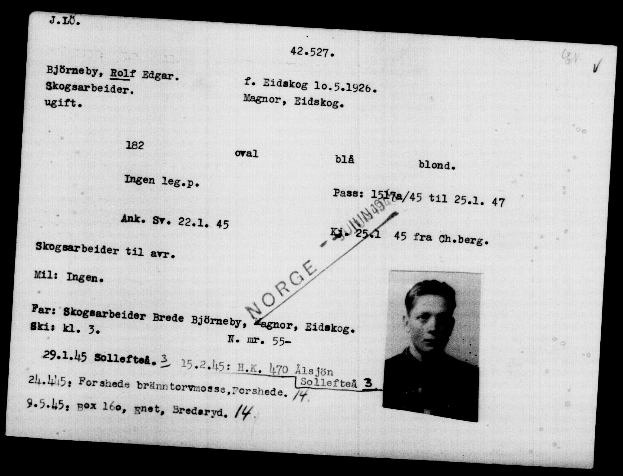 Utenriksstasjonene, Legasjonen i Stockholm, Flyktningkontoret, AV/RA-S-6753/V/Va/L0016: Kjesäterkartoteket, flyktninger med registreringsnr. 40700-43479, 1940-1945, p. 1899