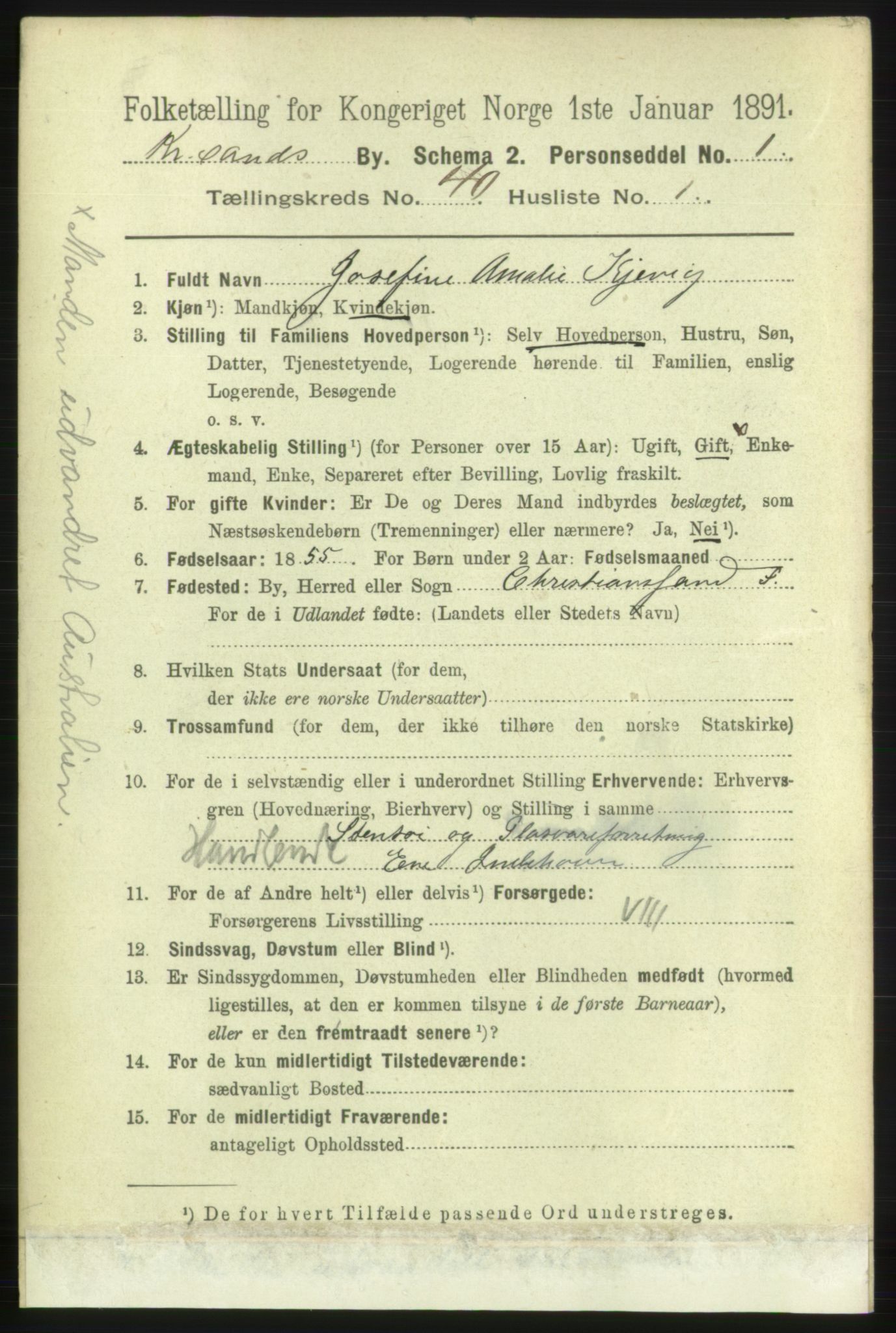 RA, 1891 census for 1001 Kristiansand, 1891, p. 12397