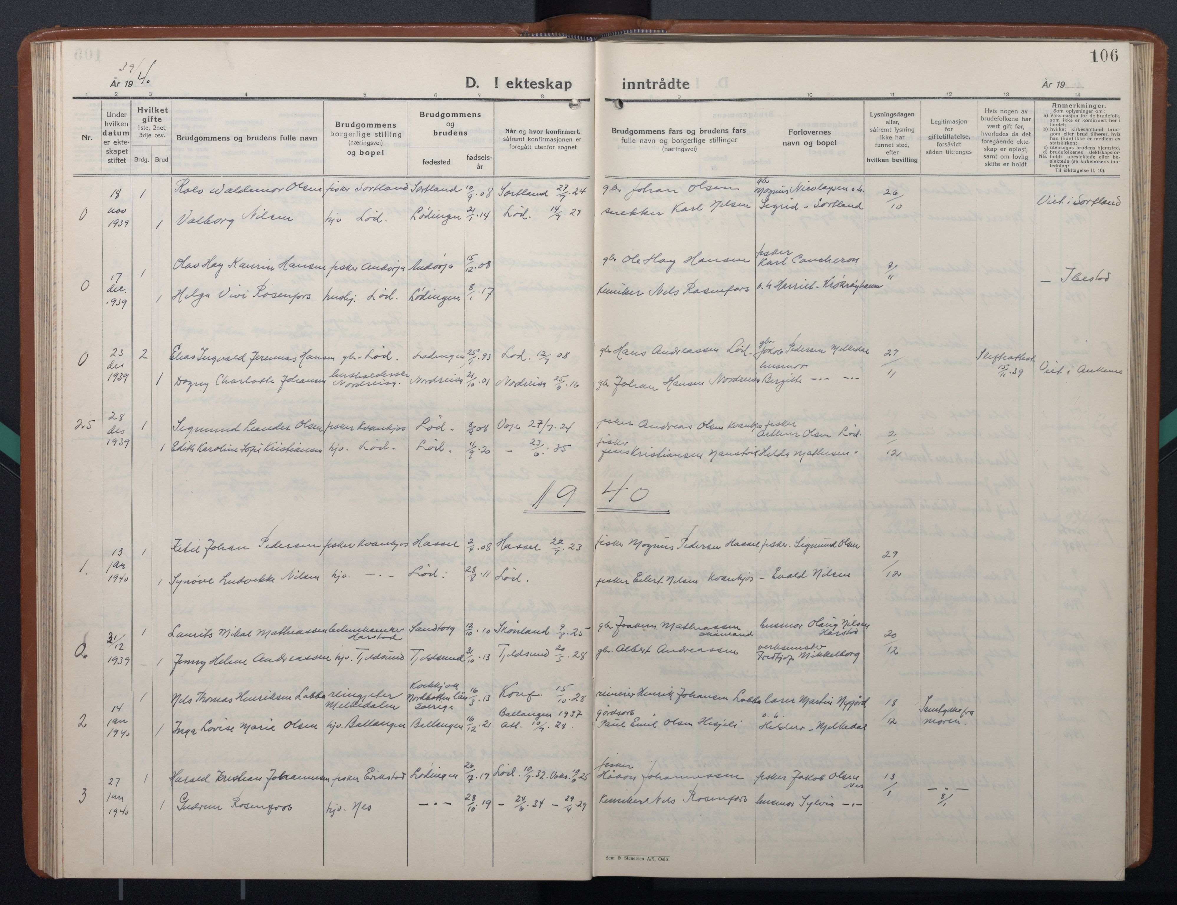 Ministerialprotokoller, klokkerbøker og fødselsregistre - Nordland, AV/SAT-A-1459/872/L1051: Parish register (copy) no. 872C07, 1939-1947, p. 106