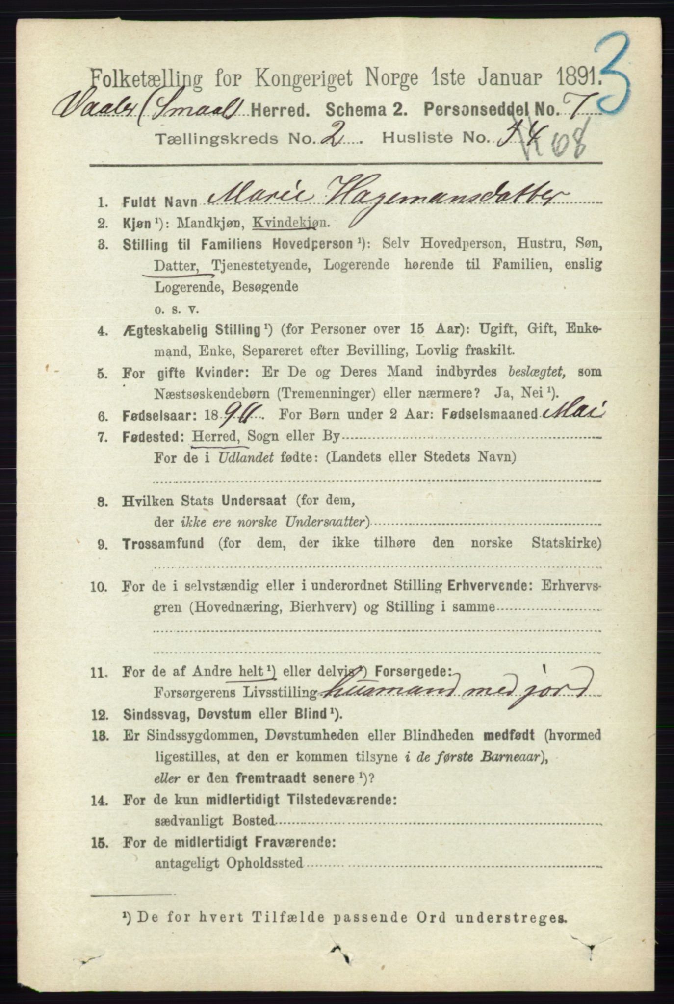 RA, 1891 census for 0137 Våler, 1891, p. 1037