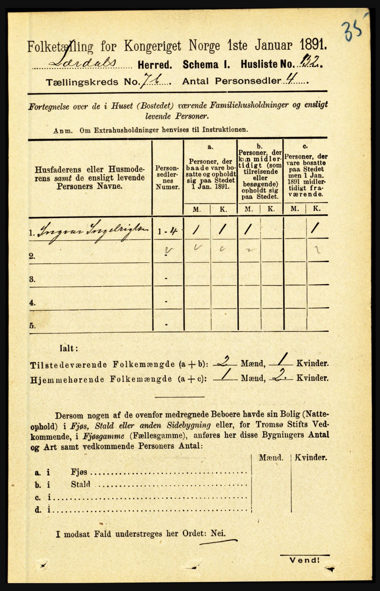 RA, 1891 census for 1422 Lærdal, 1891, p. 1138