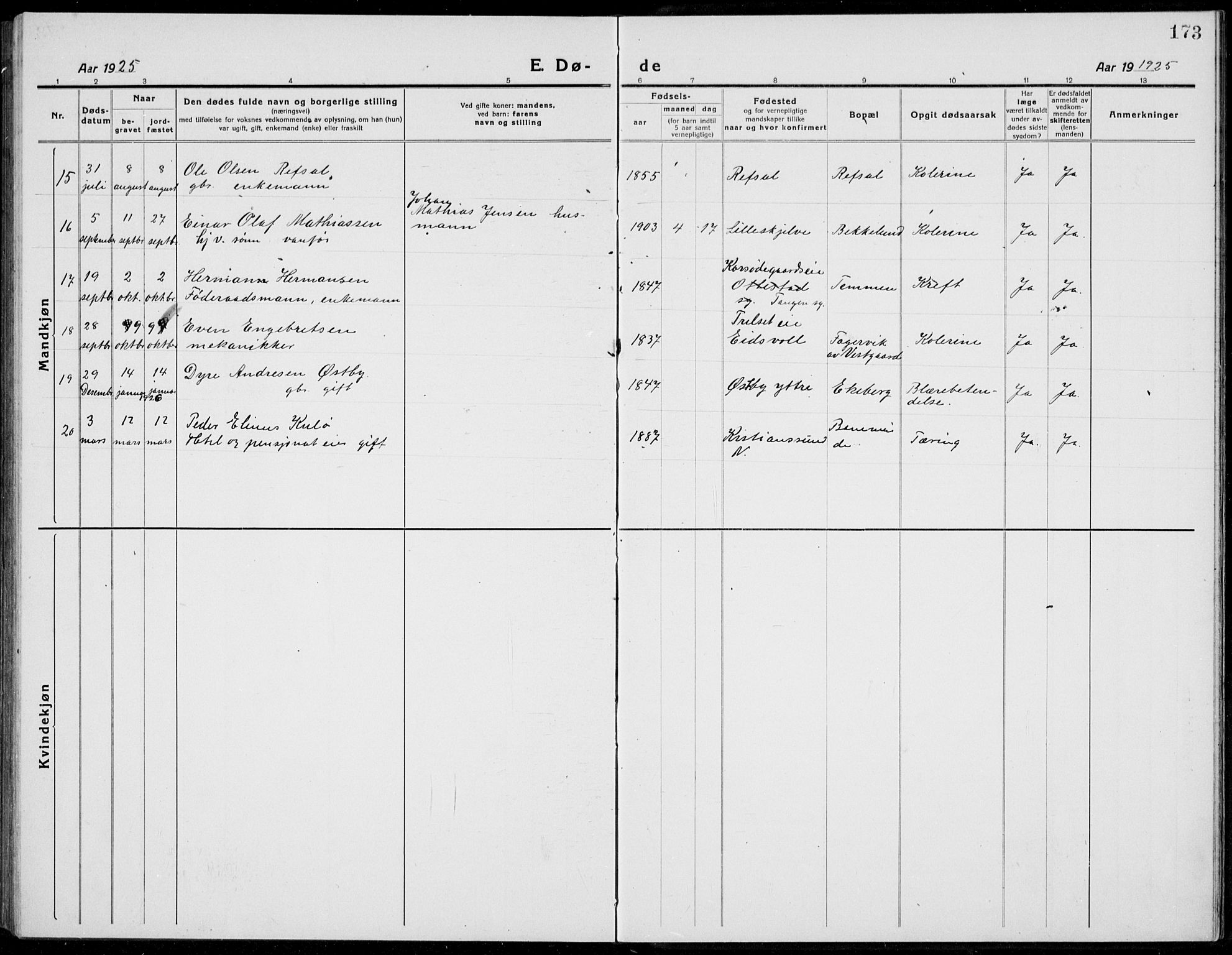 Stange prestekontor, SAH/PREST-002/L/L0017: Parish register (copy) no. 17, 1918-1936, p. 173