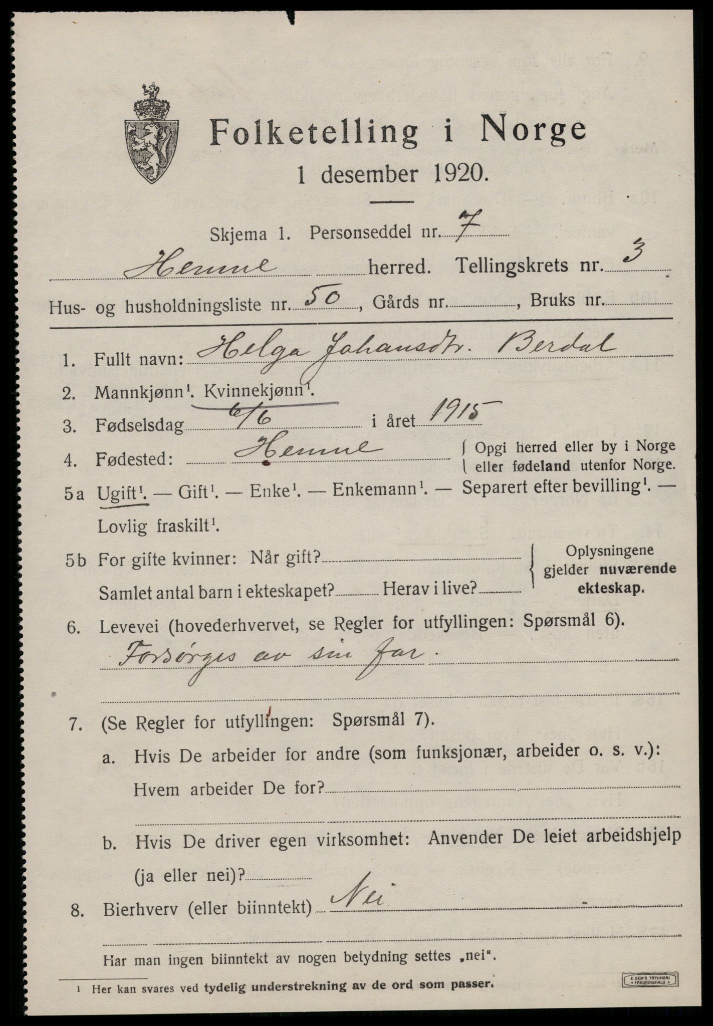 SAT, 1920 census for Hemne, 1920, p. 2846