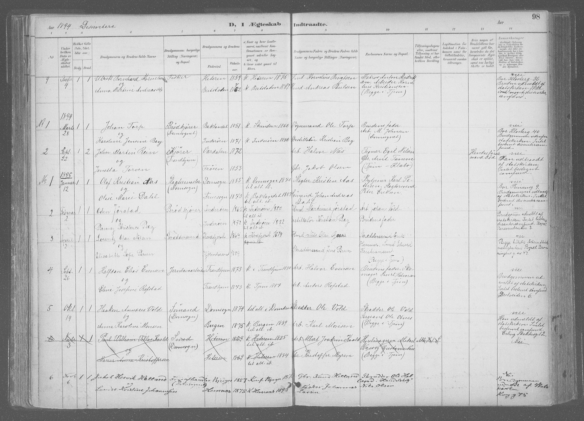 Ministerialprotokoller, klokkerbøker og fødselsregistre - Sør-Trøndelag, SAT/A-1456/601/L0064: Parish register (official) no. 601A31, 1891-1911, p. 98