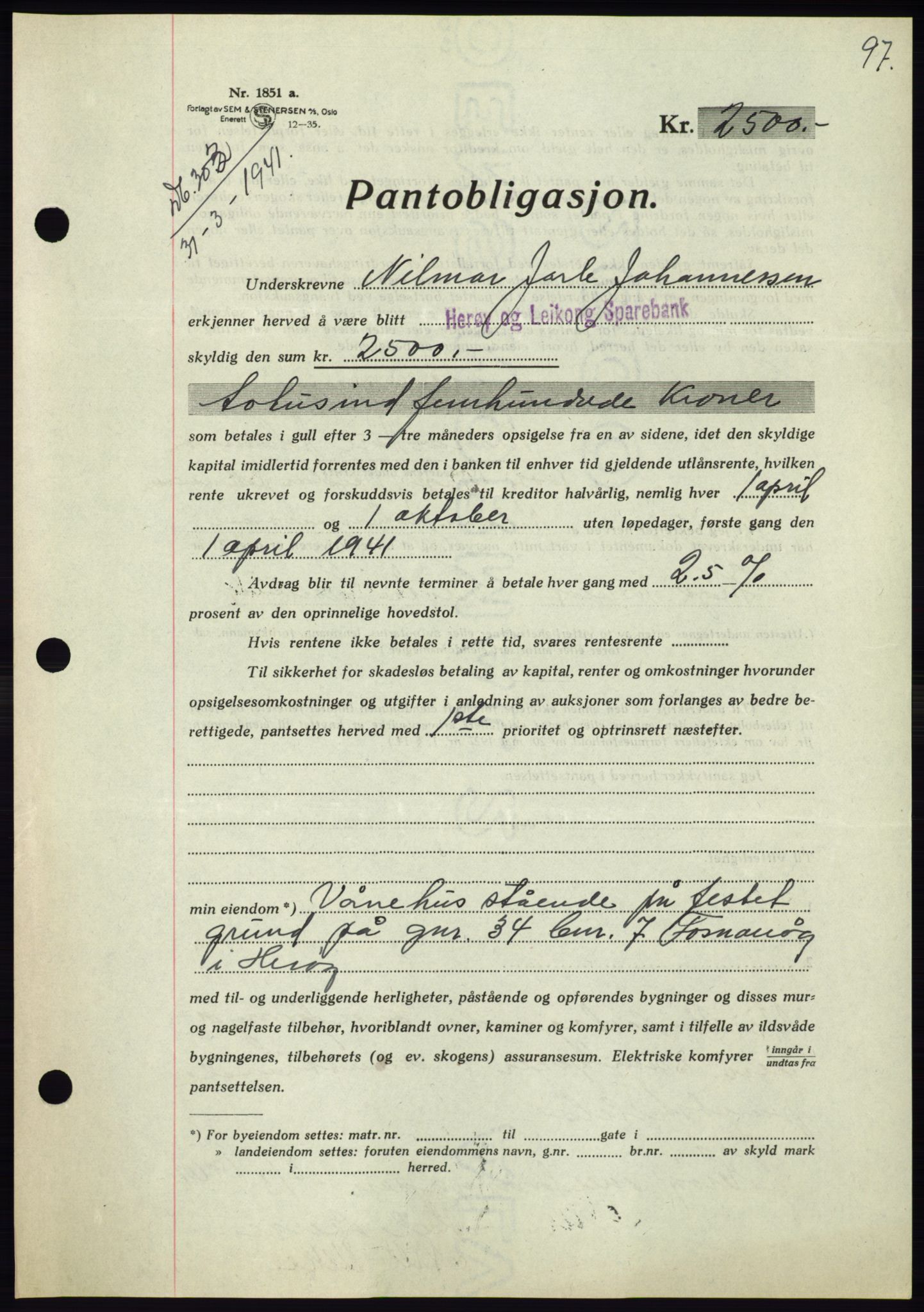 Søre Sunnmøre sorenskriveri, AV/SAT-A-4122/1/2/2C/L0071: Mortgage book no. 65, 1941-1941, Diary no: : 303/1941