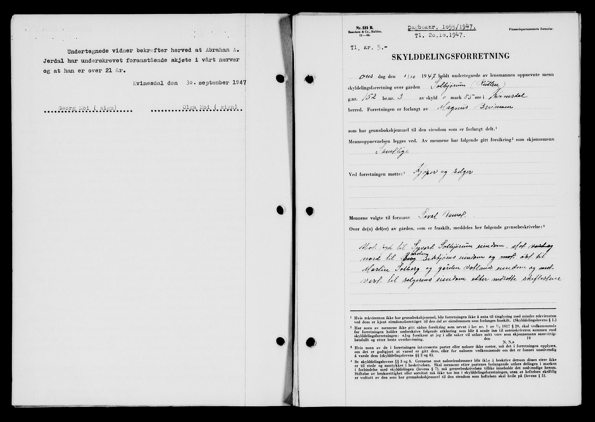Flekkefjord sorenskriveri, SAK/1221-0001/G/Gb/Gba/L0063: Mortgage book no. A-11, 1947-1948, Diary no: : 1055/1947