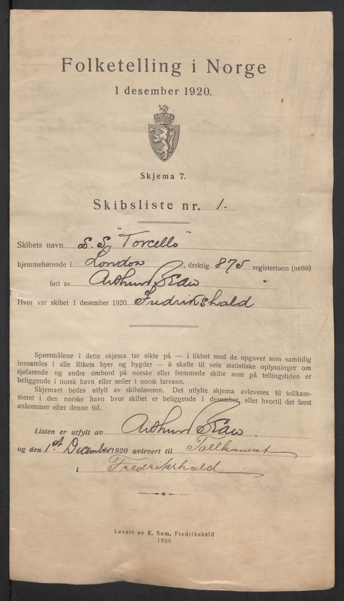 RA, 1920 census: Crew on foreign ships in Norwegian ports, 1920, p. 3