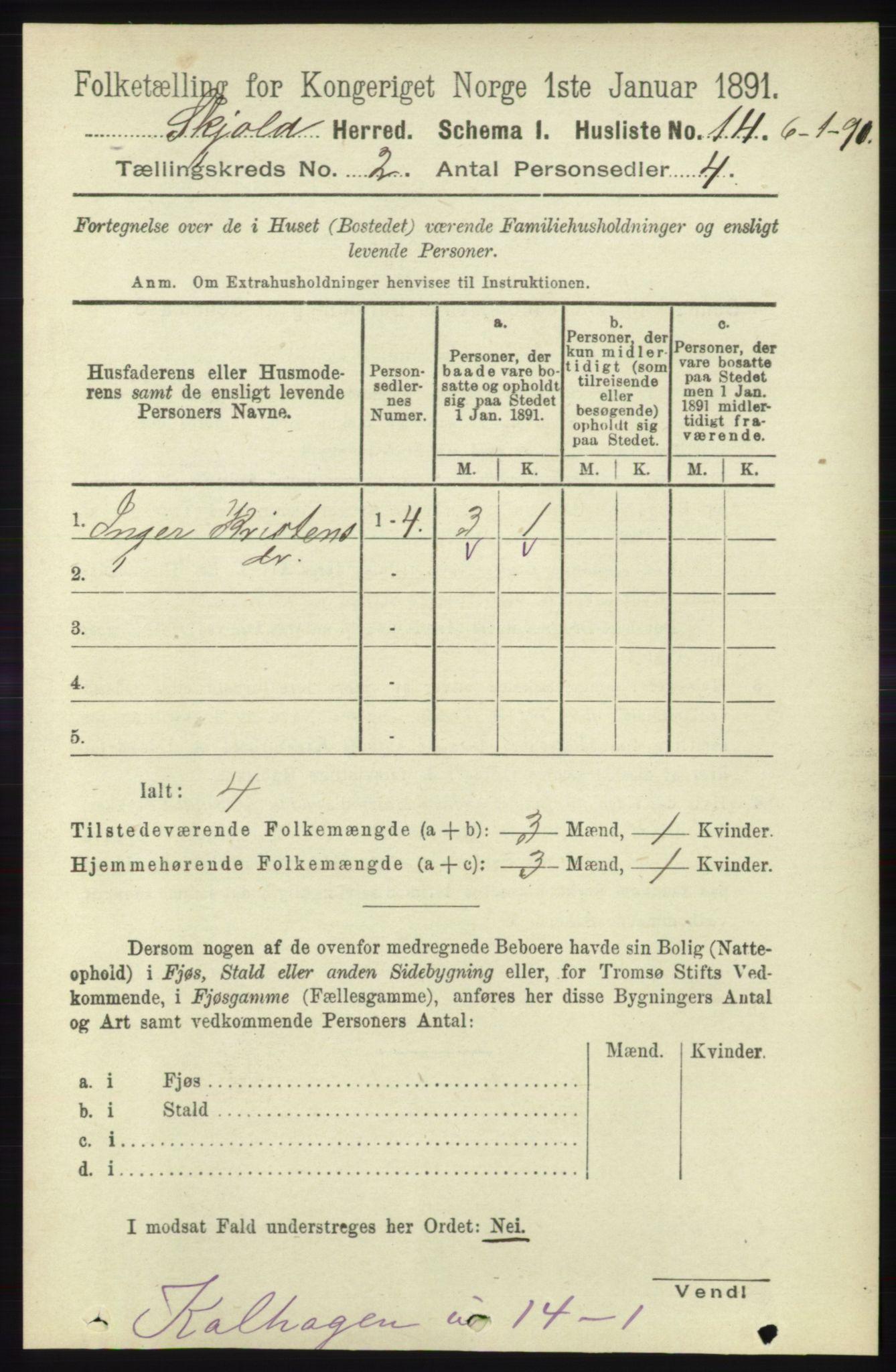 RA, 1891 census for 1154 Skjold, 1891, p. 278