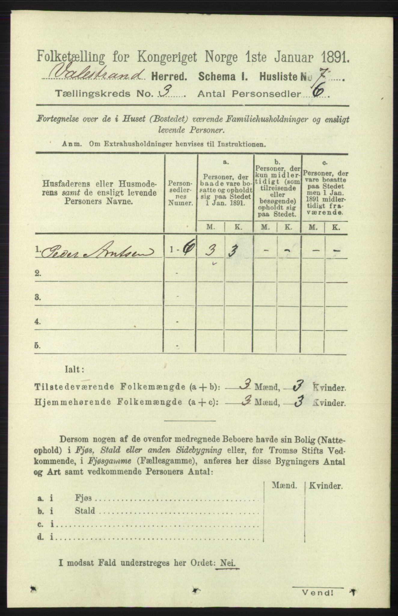 RA, 1891 census for 1217 Valestrand, 1891, p. 496