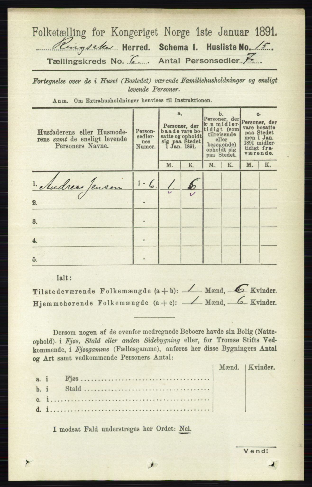 RA, 1891 census for 0412 Ringsaker, 1891, p. 3100