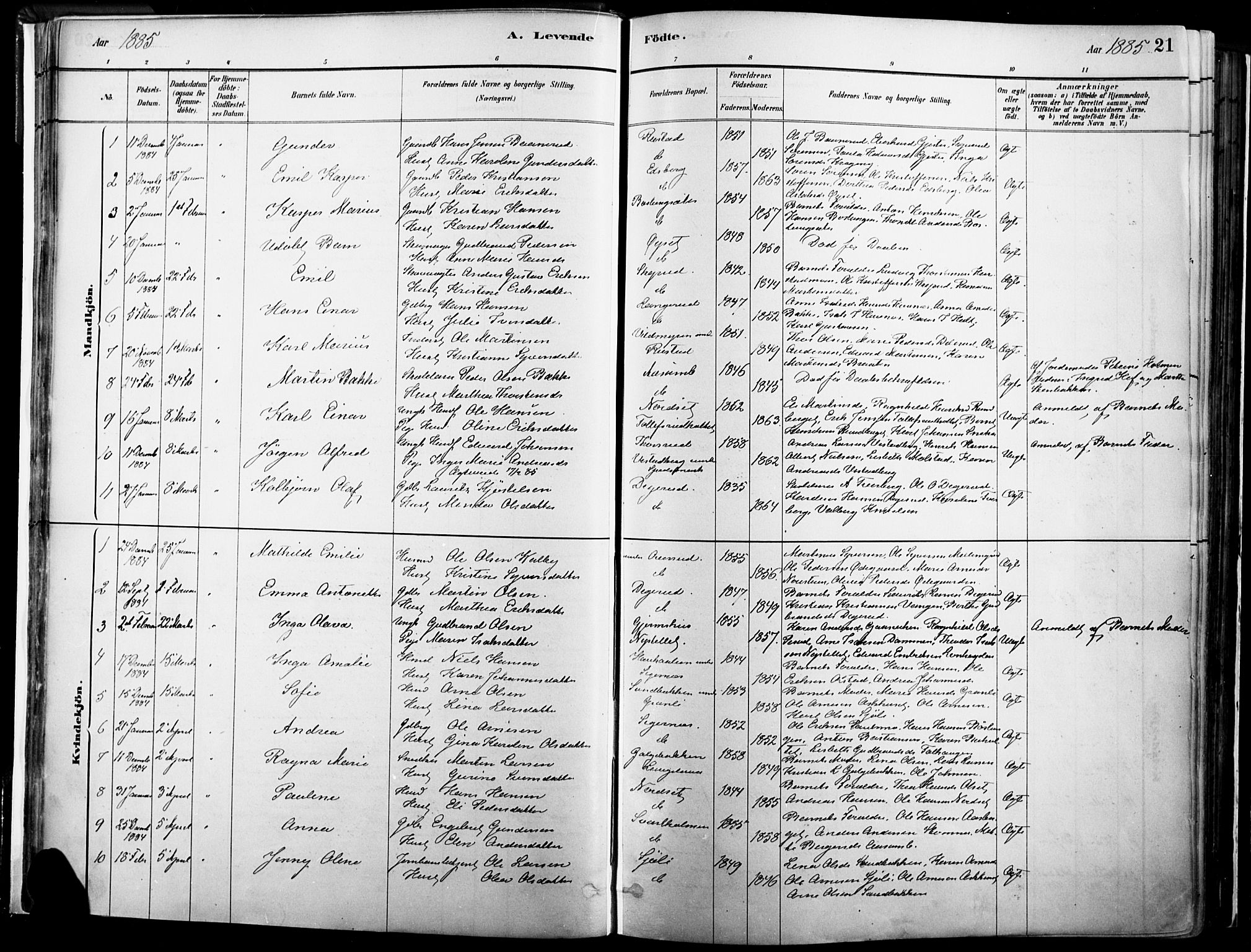 Vinger prestekontor, SAH/PREST-024/H/Ha/Haa/L0014: Parish register (official) no. 14, 1881-1900, p. 21