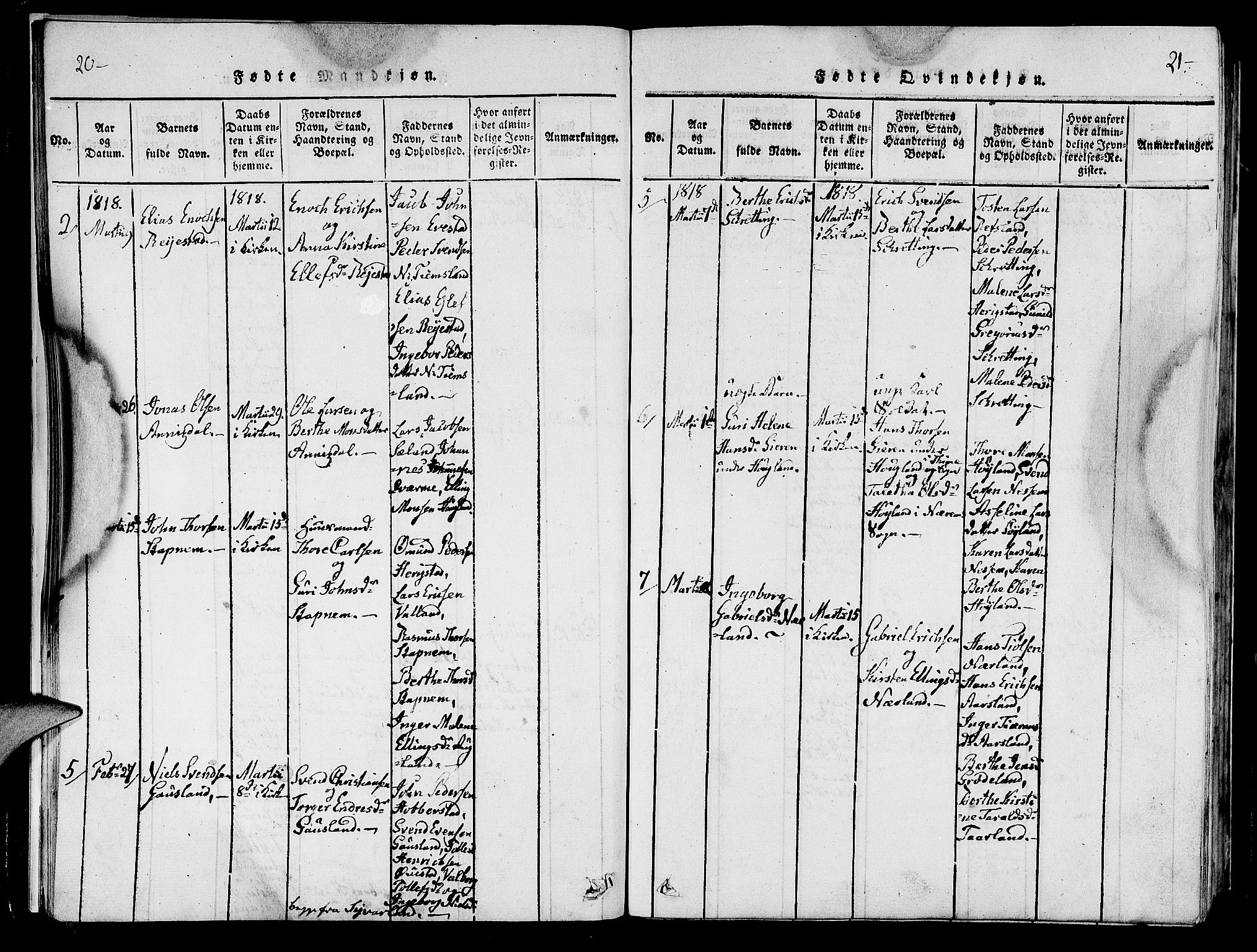 Hå sokneprestkontor, AV/SAST-A-101801/001/30BA/L0003: Parish register (official) no. A 3, 1815-1825, p. 20-21