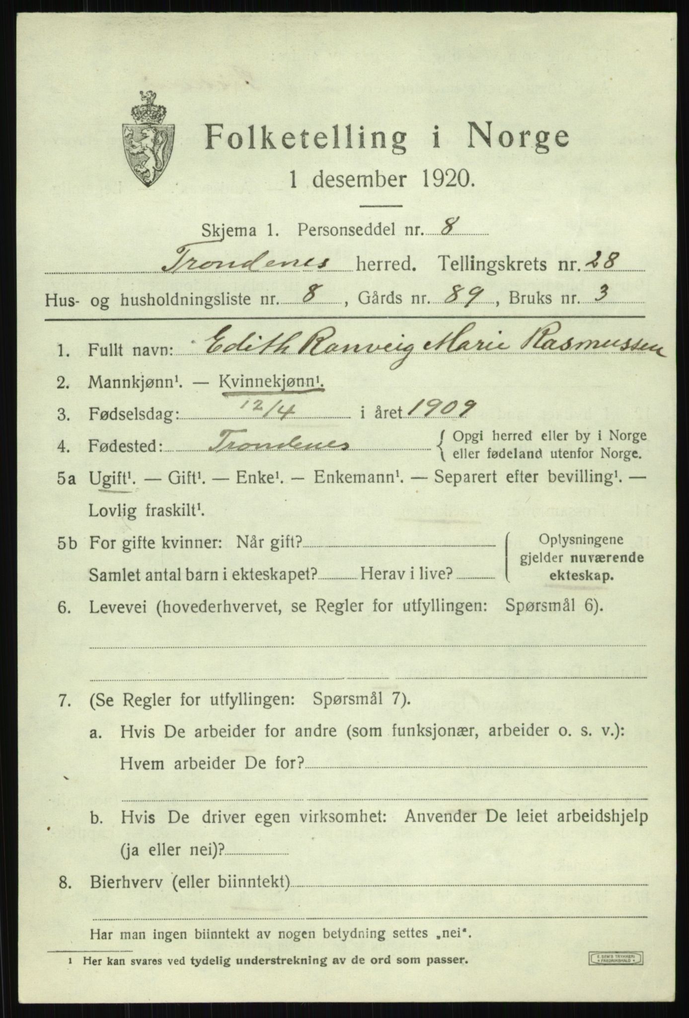 SATØ, 1920 census for Trondenes, 1920, p. 19926