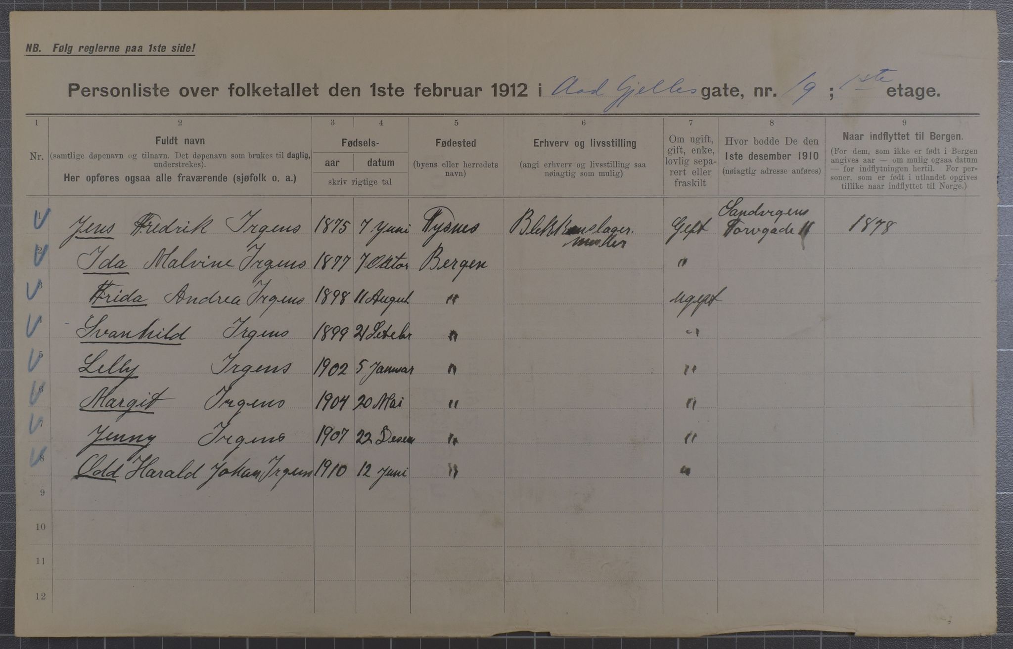 SAB, Municipal Census 1912 for Bergen, 1912, p. 74