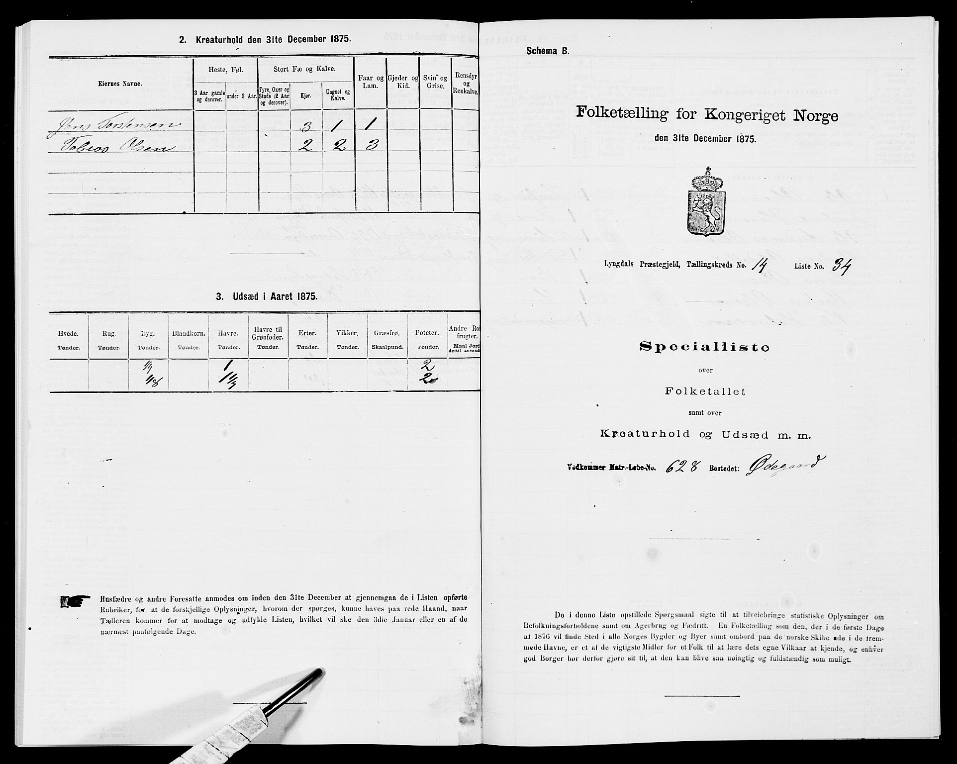 SAK, 1875 census for 1032P Lyngdal, 1875, p. 2083