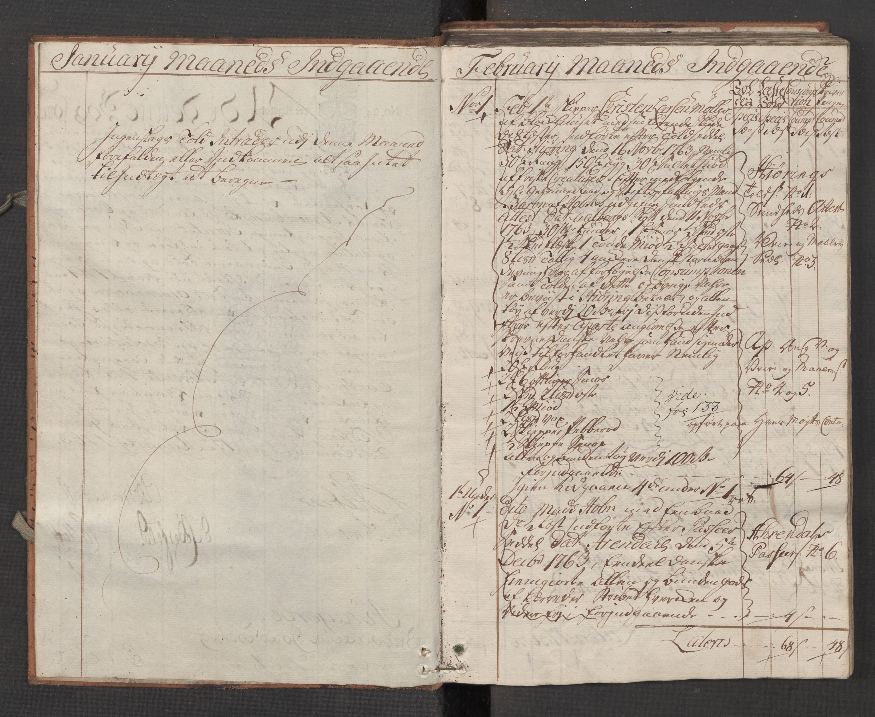 Generaltollkammeret, tollregnskaper, RA/EA-5490/R13/L0036/0001: Tollregnskaper Kragerø / Inngående hovedtollbok, 1764, p. 1b-2a