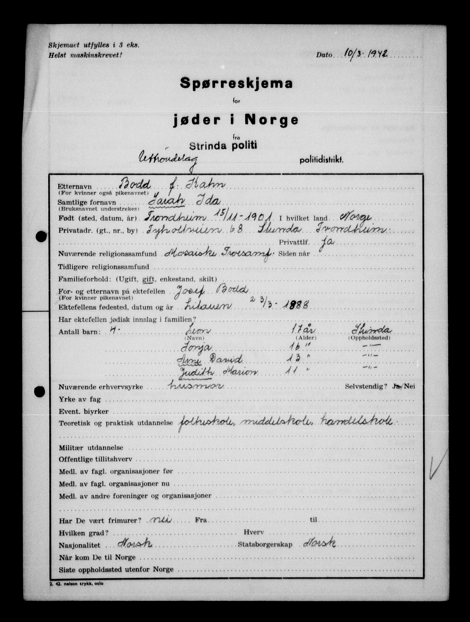 Statspolitiet - Hovedkontoret / Osloavdelingen, AV/RA-S-1329/G/Ga/L0013: Spørreskjema for jøder i Norge. 1: Sandefjord-Trondheim. 2: Tønsberg- Ålesund.  3: Skriv vedr. jøder A-H.  , 1942-1943, p. 597