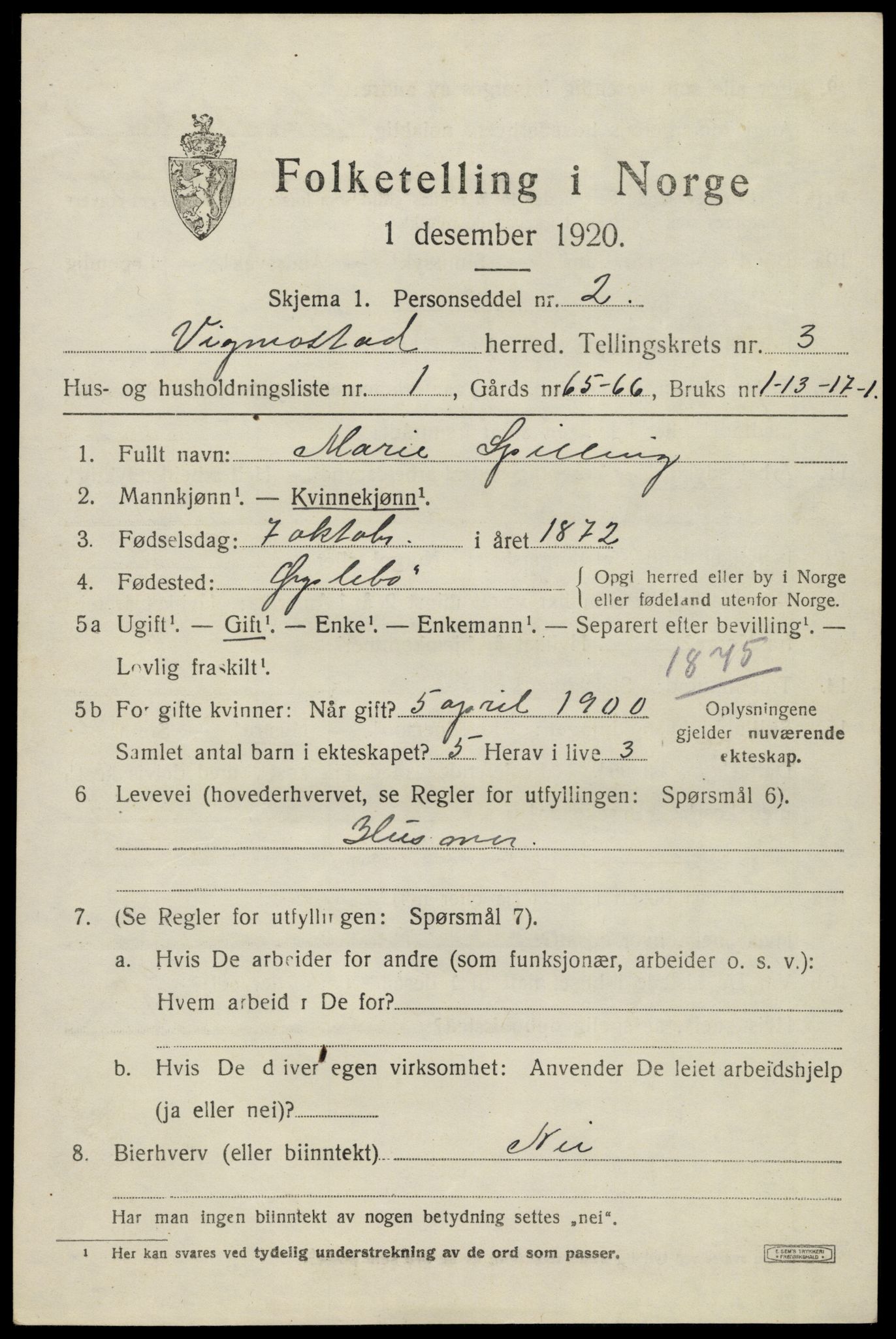 SAK, 1920 census for Vigmostad, 1920, p. 817