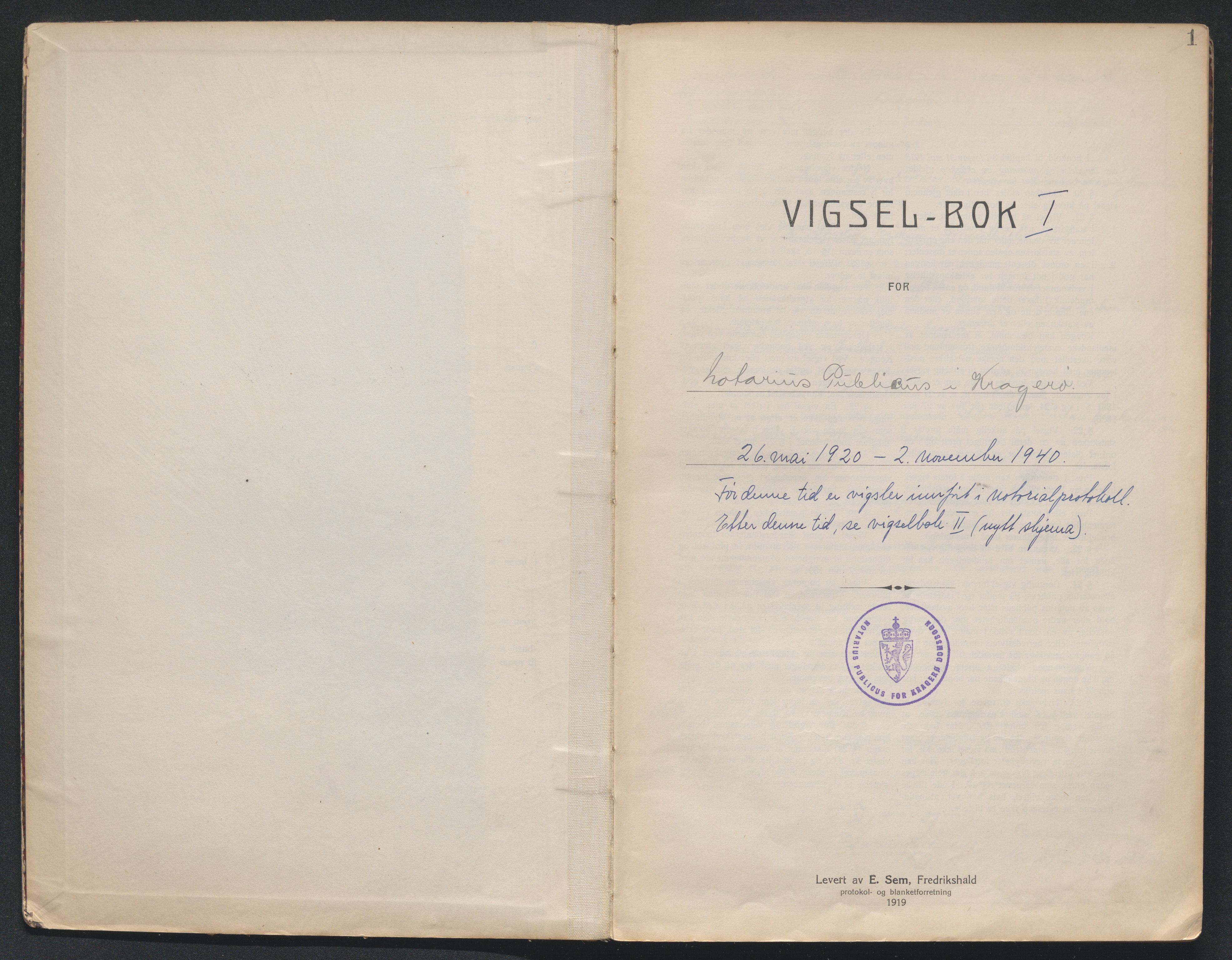 Kragerø sorenskriveri, SAKO/A-65/L/Lc/L0001: Vigselsbok, 1920-1940, p. 1