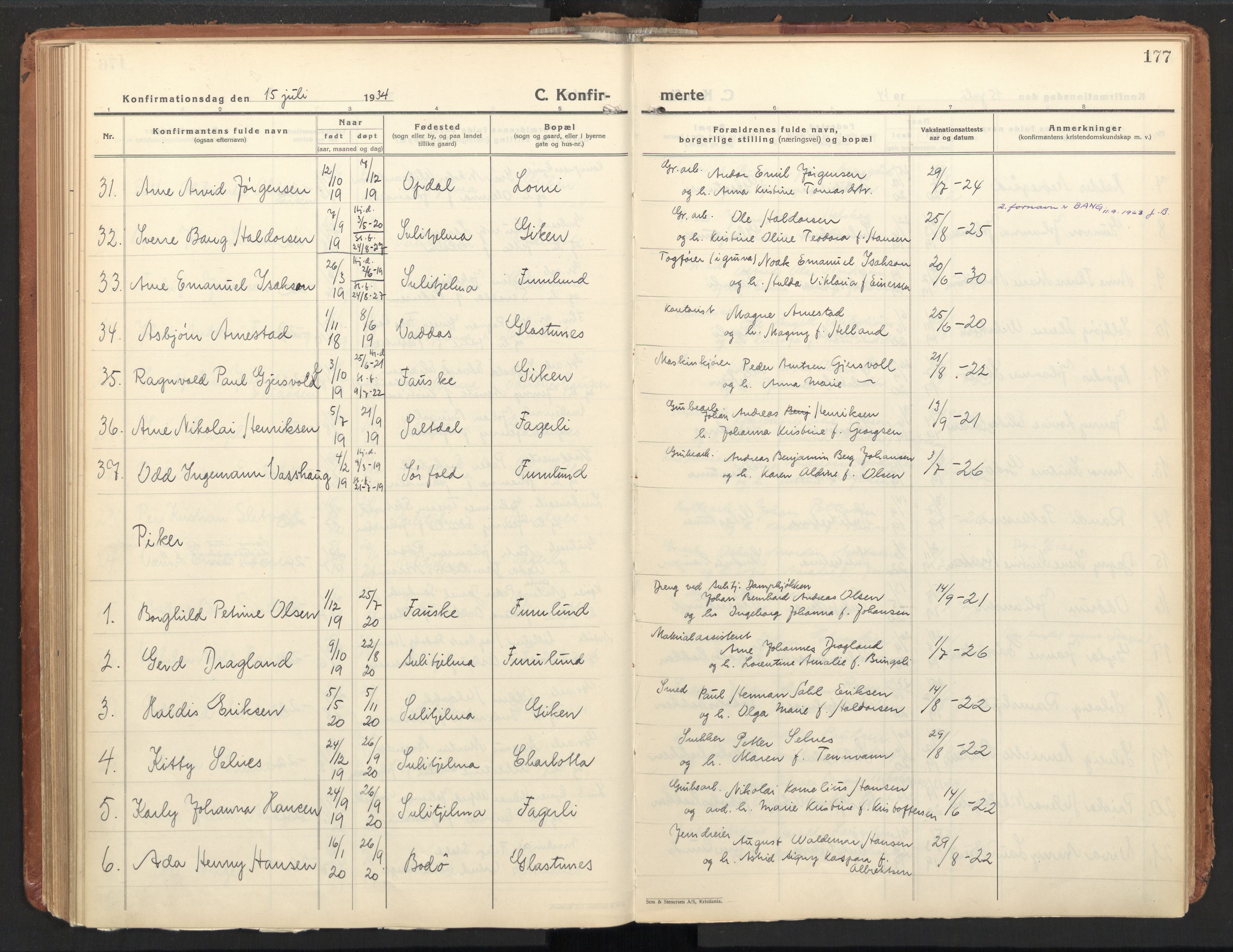 Ministerialprotokoller, klokkerbøker og fødselsregistre - Nordland, AV/SAT-A-1459/850/L0716: Curate's parish register no. 850B06, 1924-1938, p. 177