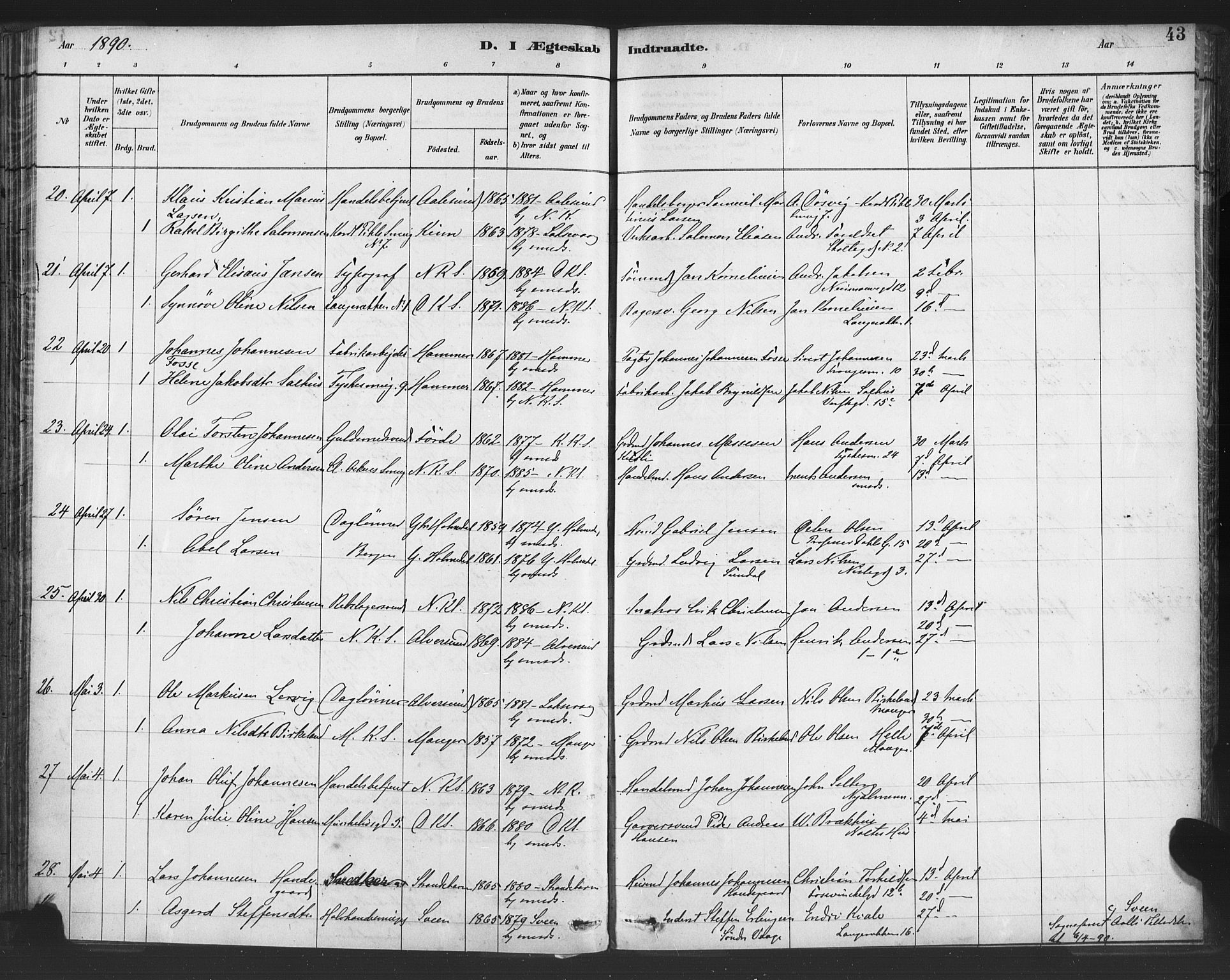 Nykirken Sokneprestembete, AV/SAB-A-77101/H/Haa/L0033: Parish register (official) no. D 3, 1884-1895, p. 43