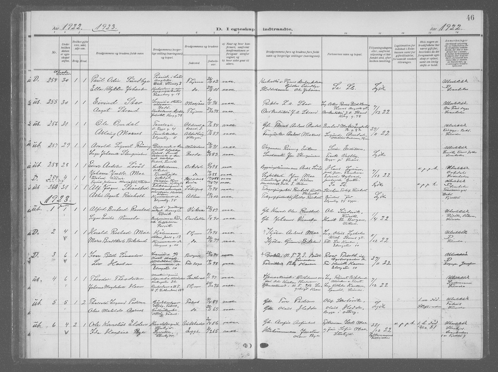 Ministerialprotokoller, klokkerbøker og fødselsregistre - Sør-Trøndelag, SAT/A-1456/601/L0098: Parish register (copy) no. 601C16, 1921-1934, p. 46