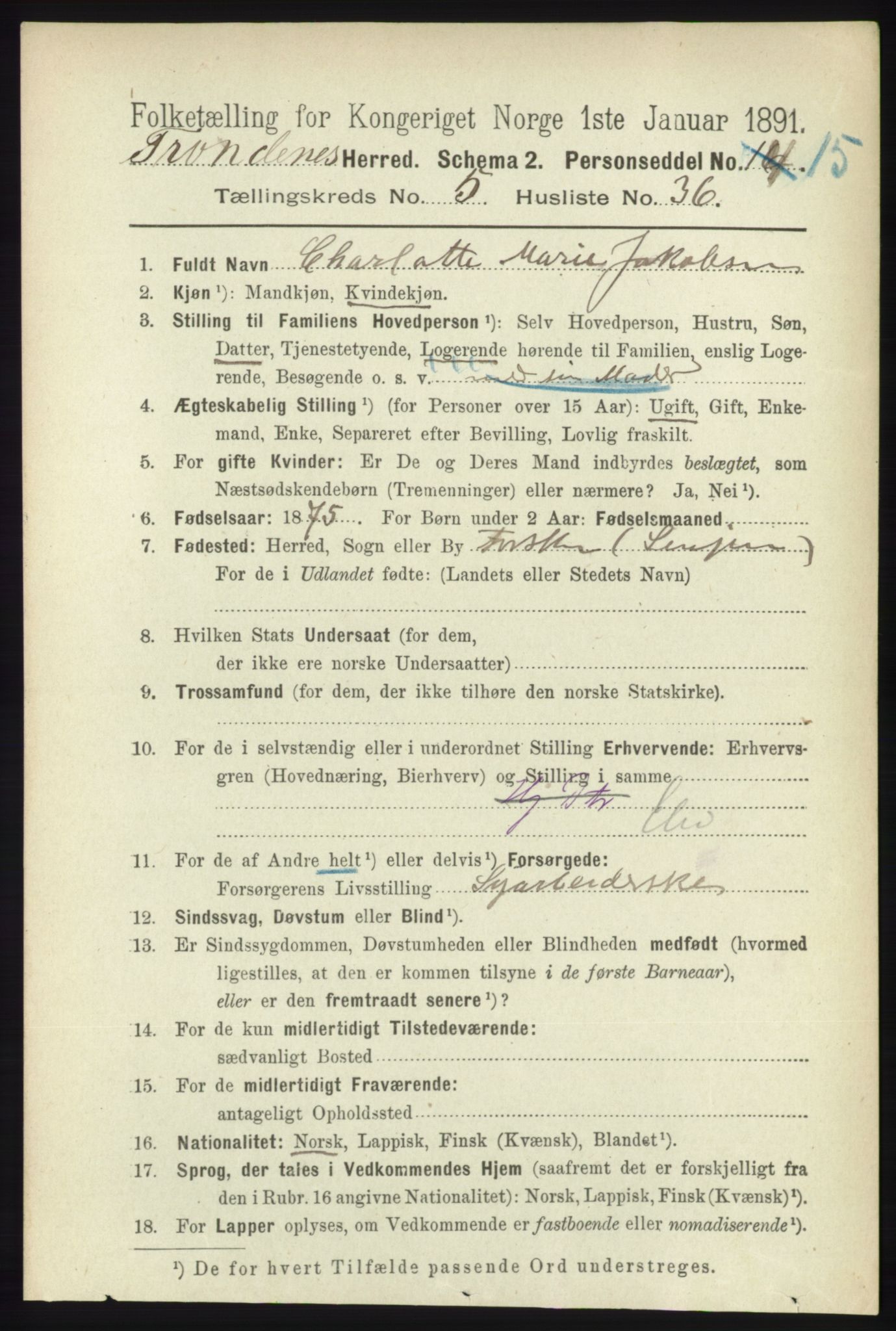 RA, 1891 census for 1914 Trondenes, 1891, p. 3107