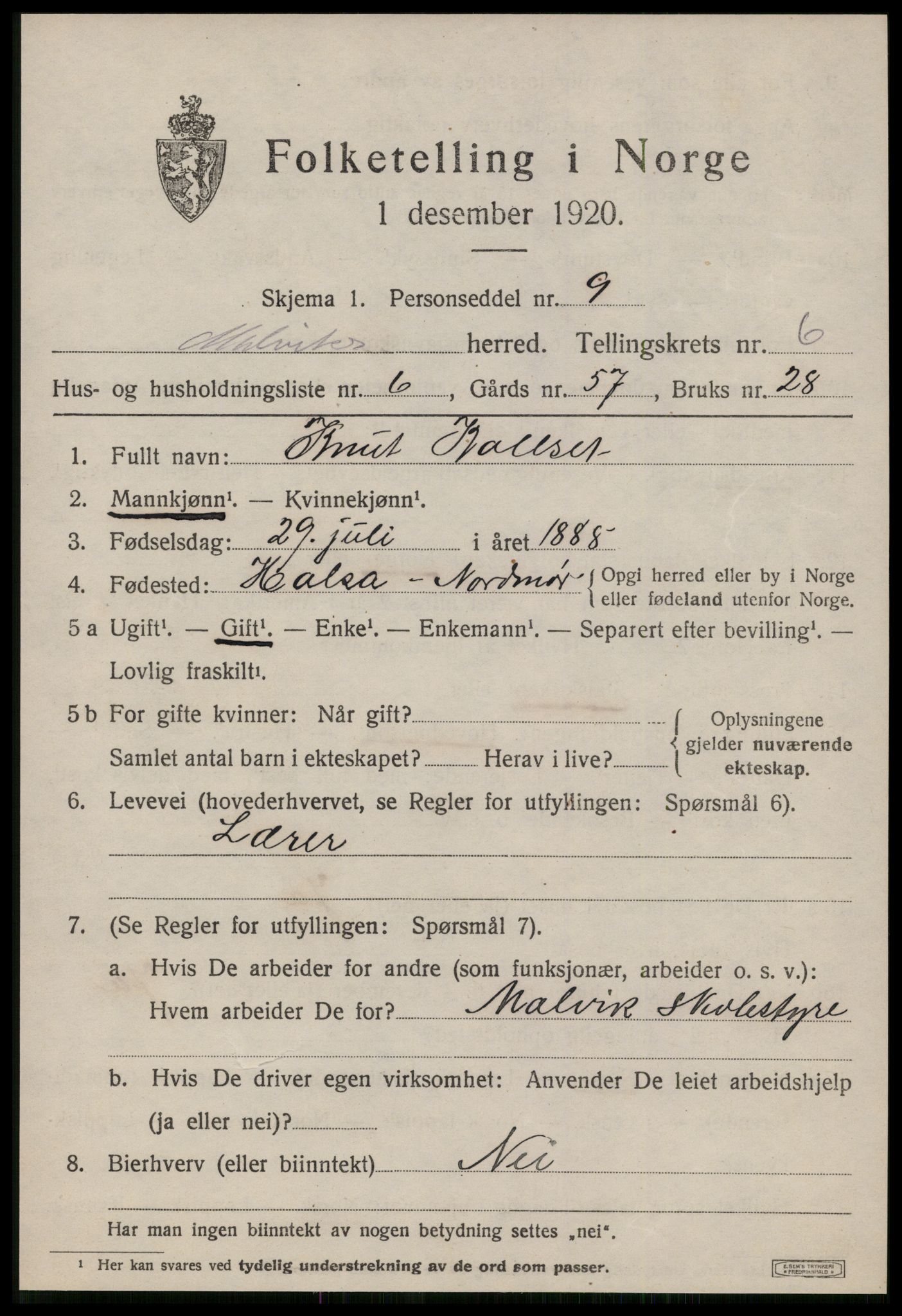 SAT, 1920 census for Malvik, 1920, p. 5428